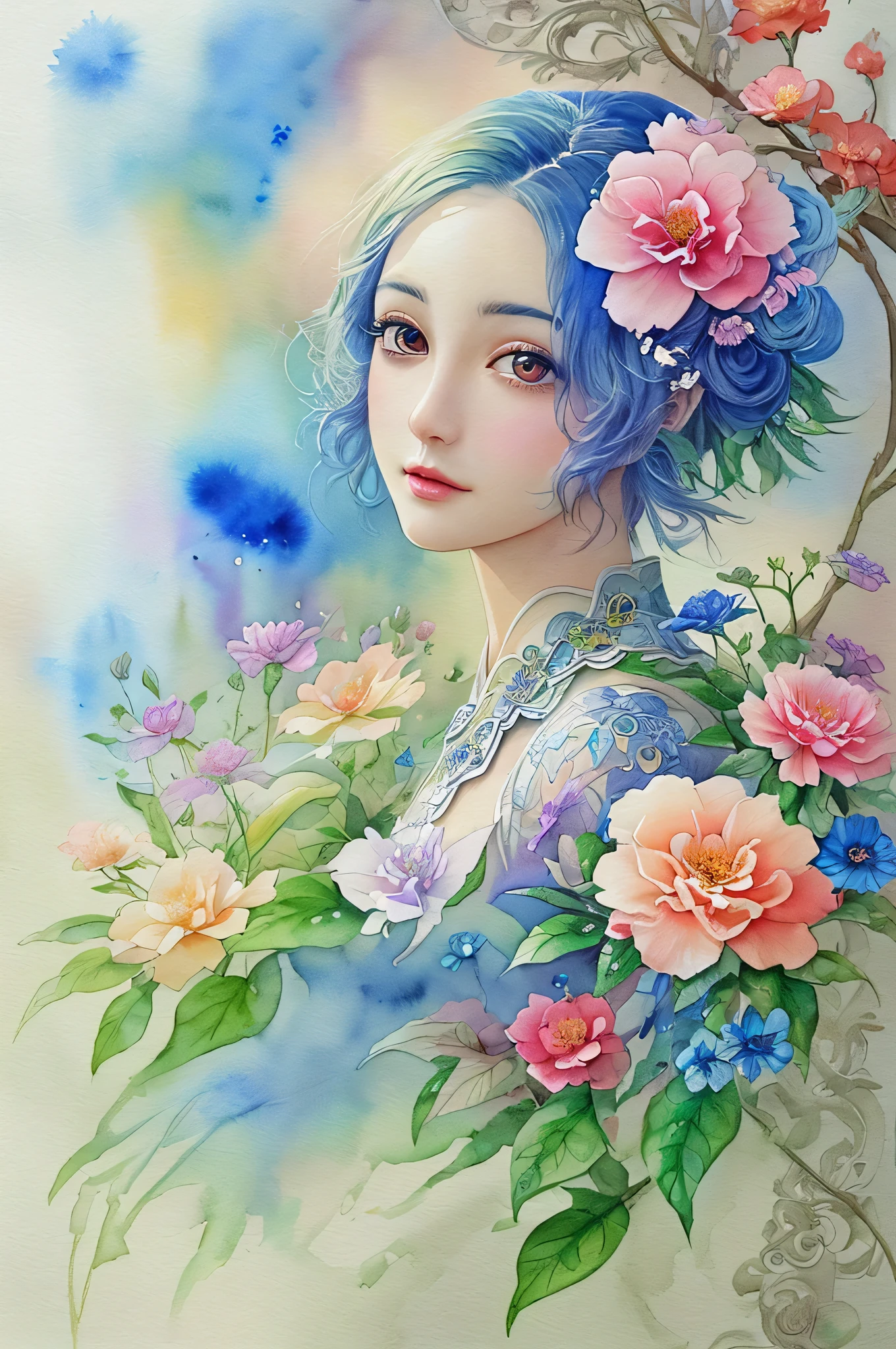 abstract steampunk wolf, fantasy flower garden, red and blue, on watercolor insane paint of black canvas, detailed, fine touch, watercolor of true masterpiece,