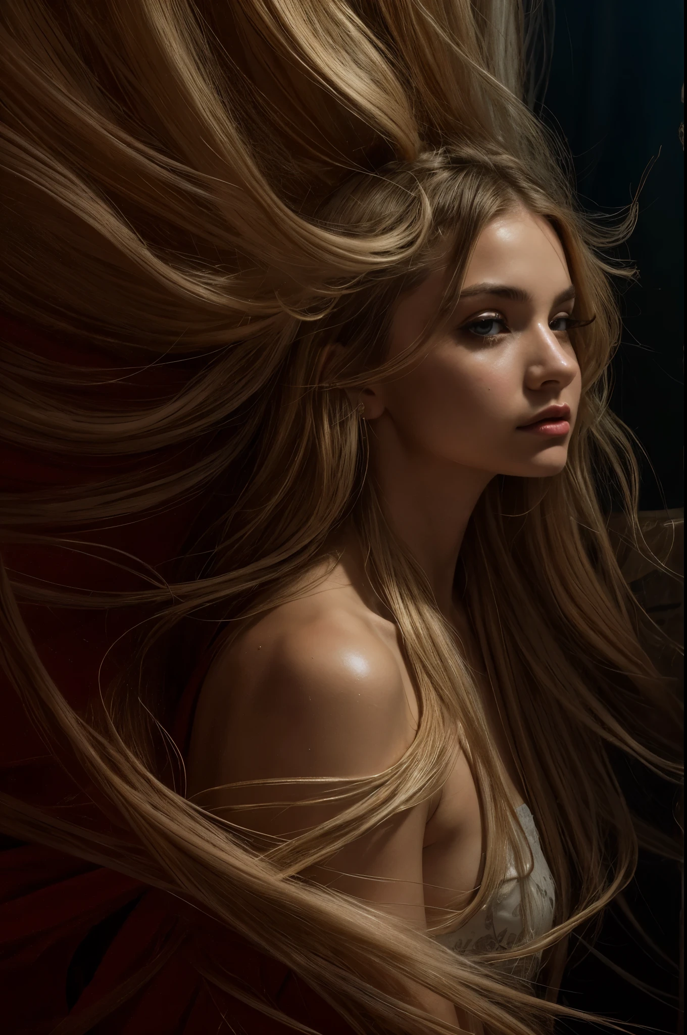 (masterpiece, top quality, best quality, official art, beautiful and aesthetic:1.2), (1girl), extreme detailed,(fractal art:1.3),colorful,highest detailed chiaroscuro technique on  illustration of an elegant oldies , wet hair, vintage, eerie, matte painting, by Hannah Dale, by Harumi Hironaka, extremely soft colors, vibrant, highly detailed, digital illustrations , high contrast, dramatic, refined, tonal, emotional expression, golden ratio