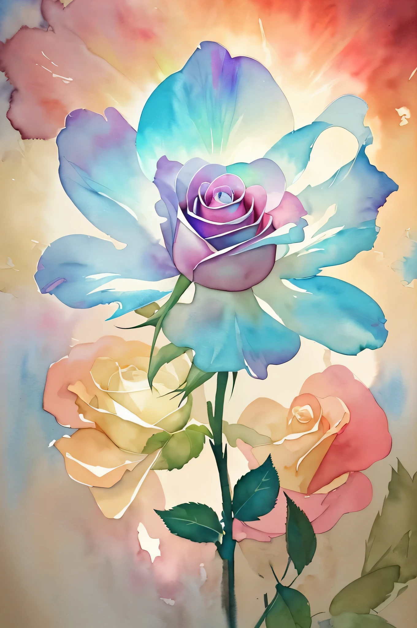 watercolor painting, iridescent flower, on backdrop of grace splash art, beautiful rose, sun lighting, delicate stroke and bold strokes, high quality, high resolution,