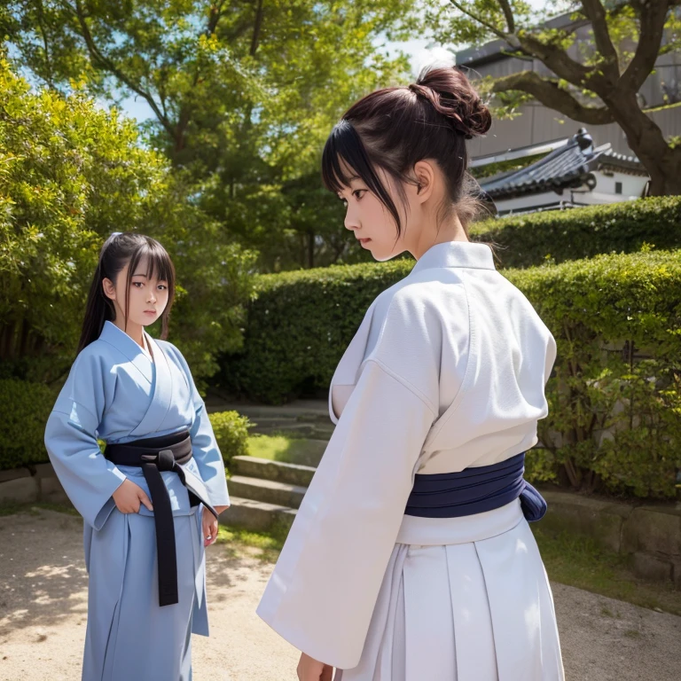 (highest quality, 8K, masterpiece), 1 girl, beautiful girl, Haori Hakama, Facing, aikido, With two people, finding, , young girl, japanese women, random hairstyle, random hair color, Random Posing,