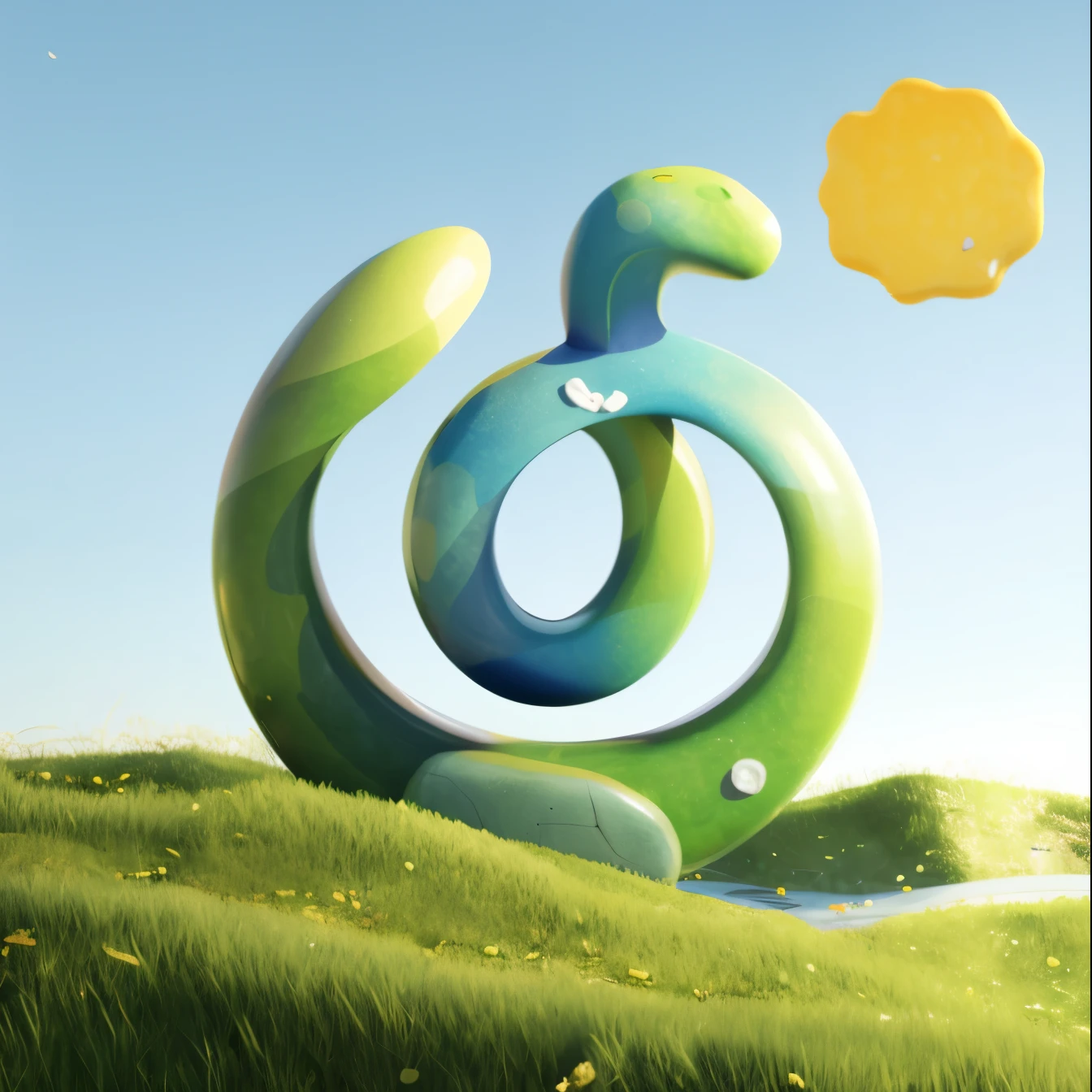There a stone on the grass,sun,blue sky, Stylized for 3D rendering, rendering art, 3D rendering stylization, Stylized 3D 渲染, rendered illustration, Depicted as 3D rendering, Render in key shot, Stylized 3D, Stylized 3D graphics, Soft 3D rendering, Smooth 3D CG rendering