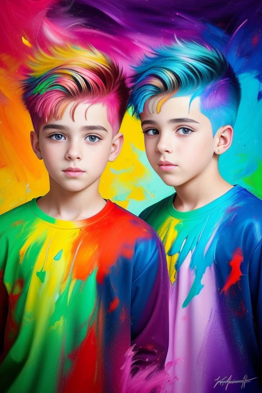 oil painting ! Masterpiece of art . top quality , detailed image of a beautiful face . Portrait of two very handsome 17 year old boys ! Surreal amazing portrait of boys with very bright and contrasting colors.. ,pour all the colors of dye onto your hair and shake your head in different directions, splashing paint, you will get a stunning portrait of two cute boys ! The wind blows paint across the canvas in large clumps.. , creating a unique image of a whirlwind of beauty and inspiration in the style of Alberto Seveso ! There are no brush strokes on the canvas , in the picture there is only a swirl of poured paint and splashes 