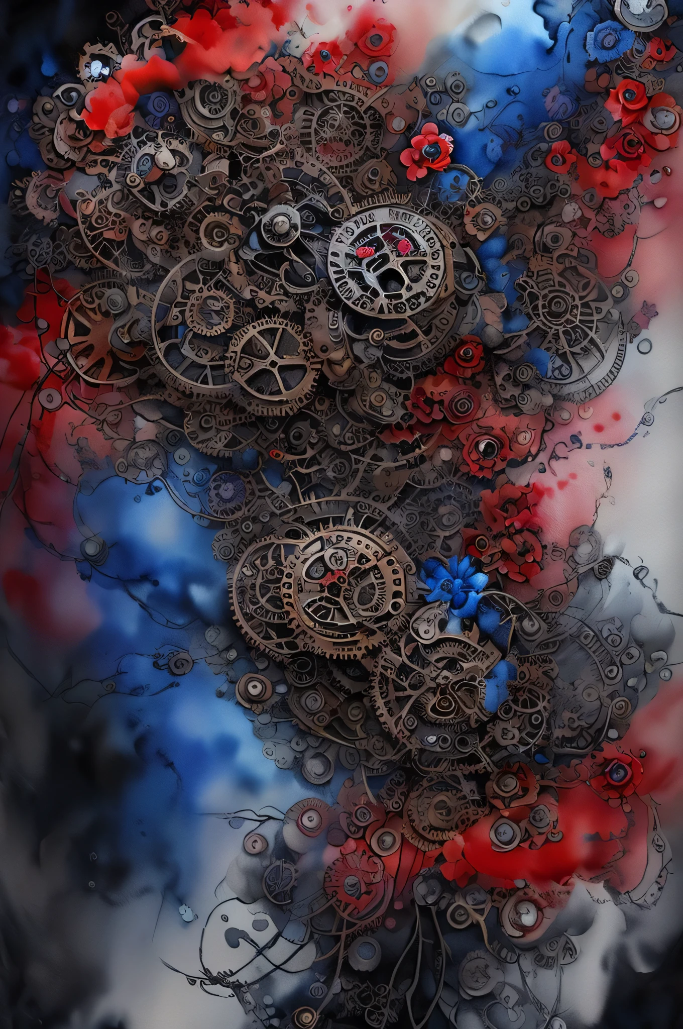 steampunk flower, red and blue, on watercolor insane paint of black canvas, detailed, fine touch, watercolor of true masterpiece,