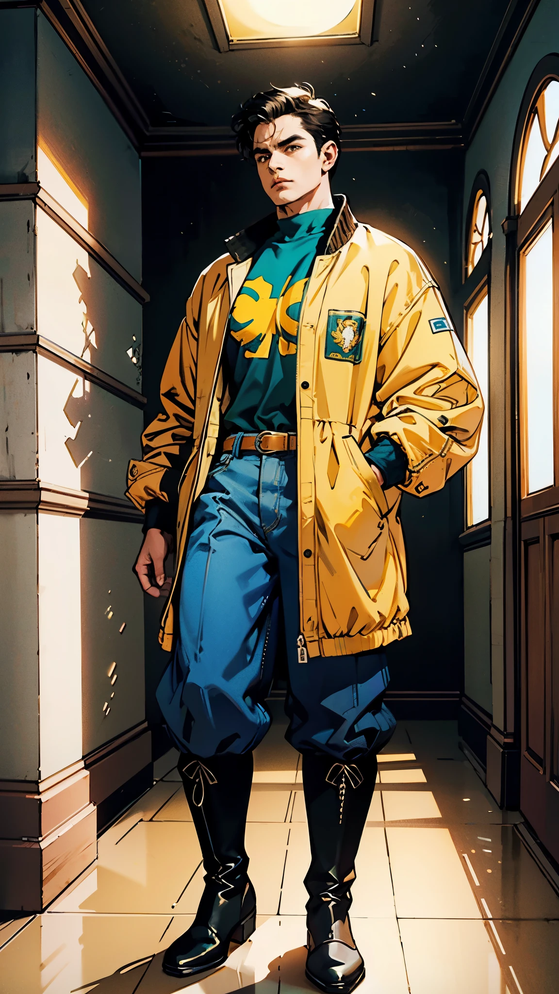 In the backdrop of an ancient fantasy-reality setting, a youth sporting a platinum crew cut displays a piercing gaze and confident demeanor. Adorned in a two-piece fusion outfit, seamlessly blending Western and Eastern influences, he wears a snug dark top paired with a vibrant yellow-blue short jacket. The lower half features loose white utility pants, and his sturdy long boots echo through the corridors of an antiquated architectural landscape. The overall aesthetic captures the essence of a refined and mature anime-inspired  rogue, symmetrical face, extremely detailed eyes and face, high quality eyes, high definition, highres, ultra-fine painting, exquisite and mature, extremely delicate, professional, anatomically correct, creativity, UHD, HDR, 32k, Natural light, cinematic lighting, best shadow, masterpiece-anatomy-perfect, best quality, masterpiece, ultra-detailed