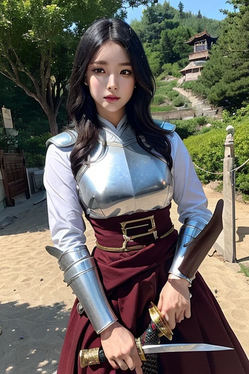 Extremely detailed CG Unity 32K wallpaper, (raw photography, masterpiece, ultra-high definition, highest resolution:1.1), authentic, grotesque, highest quality, (correct :1.5), (intricately detailed face, extremely realistic skin texture:1.2), professional photo, POV, 1 girl, ((female warrior, princess of evil empire:1.5)), Japanese lady, (from front:1.4), solo, cowboy short, looking at viewer, (oval and slim outline of the face:1.1), ((silver crown:1.1)), black hair, short hair, fairly detailed skin, highly detailed eyes, (bright and dark eyes, tears:1.5), (tall nose:1.4), hyper-realistic nose and lips, expressionless, standing, ((iron armor:1.4)), (slender:1.5), (muscular, beautiful breast:1.3), (((holding 1 sword in right hand:1.2))), (((outdoor, medieval era, battlefield, vandalized village of Asia:1.3))), (curvy outline of female body, perfect body proportion:1.2), sharp focus, depth of field, cinematic lighting, fairly detailed limbs, (perfect  of the limbs:1.4), highly detailed hands, (correct  of the hands:1.5),