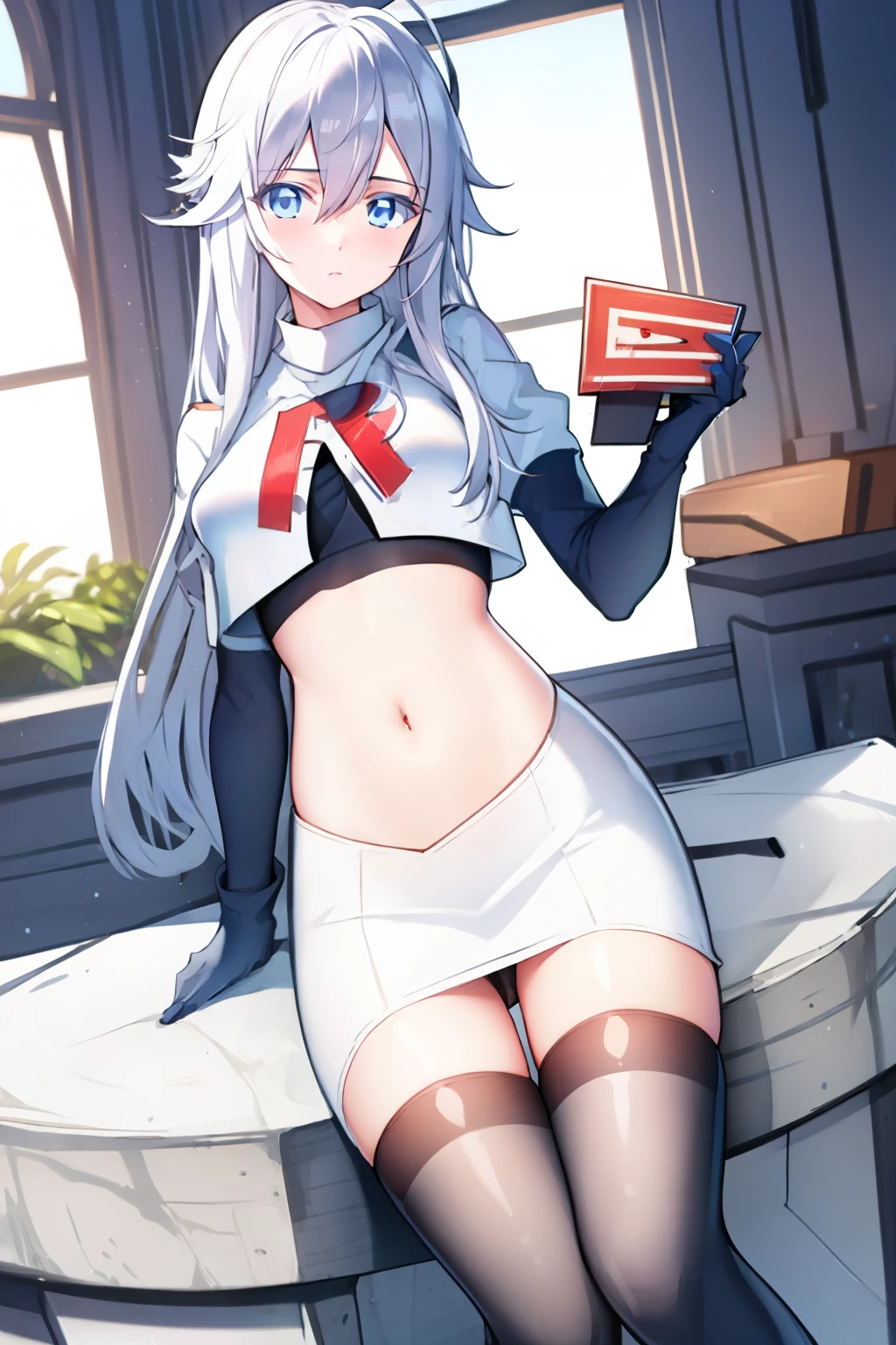(masterpiece, best quality:1.2),
1girl,Vladilena,lenaface, blue eyes, breasts, looking at viewer, white hair,medium breasts, antenna hair, hair between eyes, looking at viewer, ahoge, expressionless, bangs, white hair,
team rocket,team rocket uniform, red letter R, white skirt,white crop top,black thigh-highs,black elbow gloves