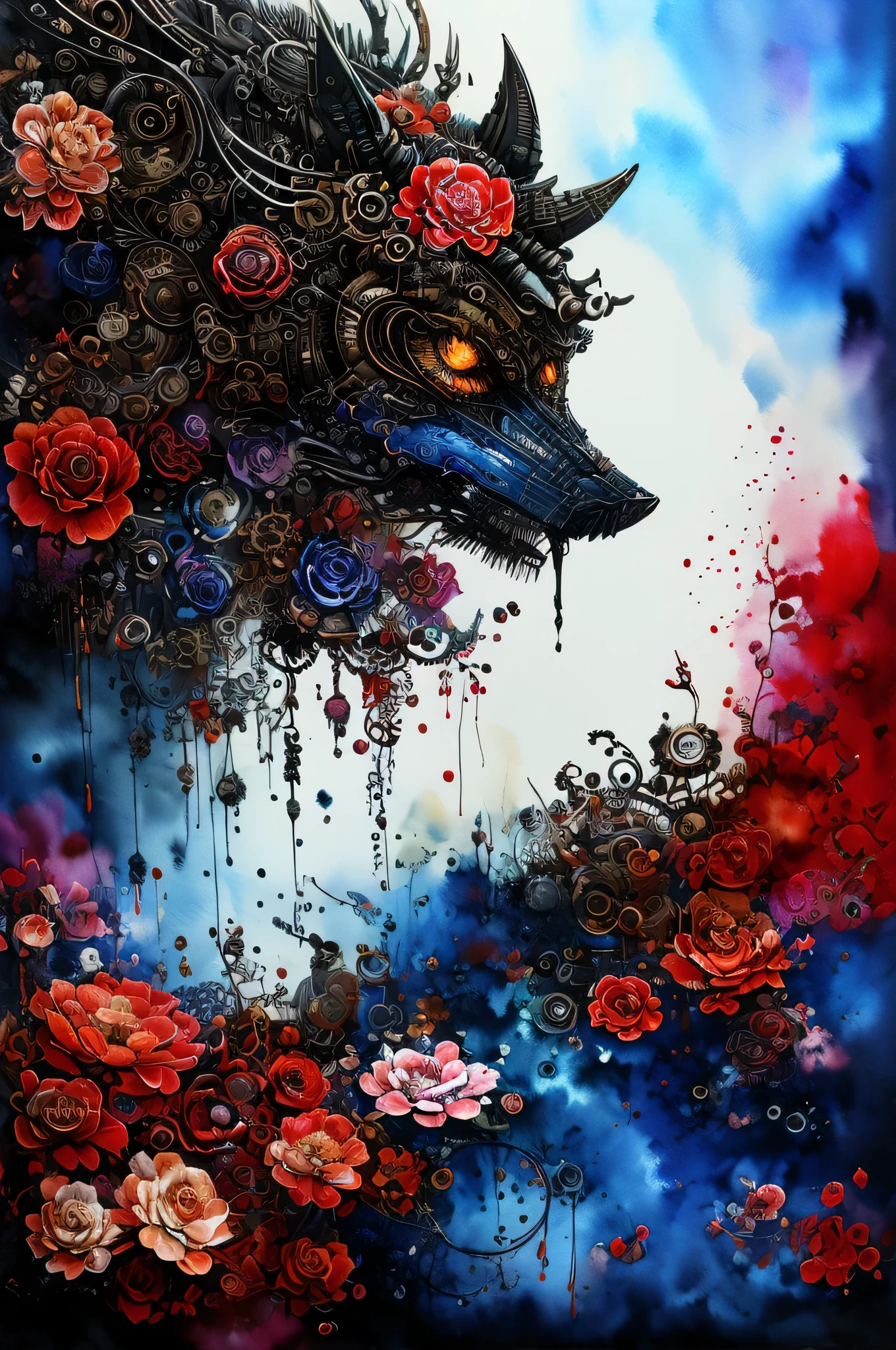 abstract steampunk wolf, fantasy flower garden, red and blue, on watercolor insane paint of black canvas, detailed, fine touch, watercolor of true masterpiece,