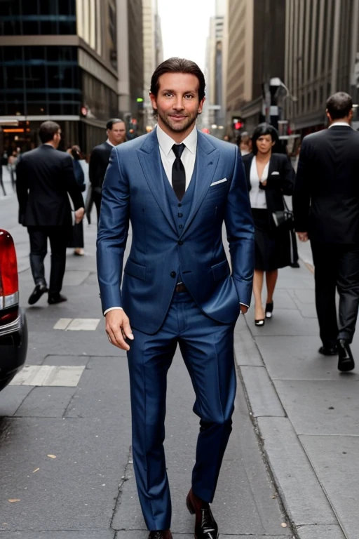 35 year old man, blue eyes, short black hair, elegant man with a suit in a large metropolis, sexy, bradley cooper type