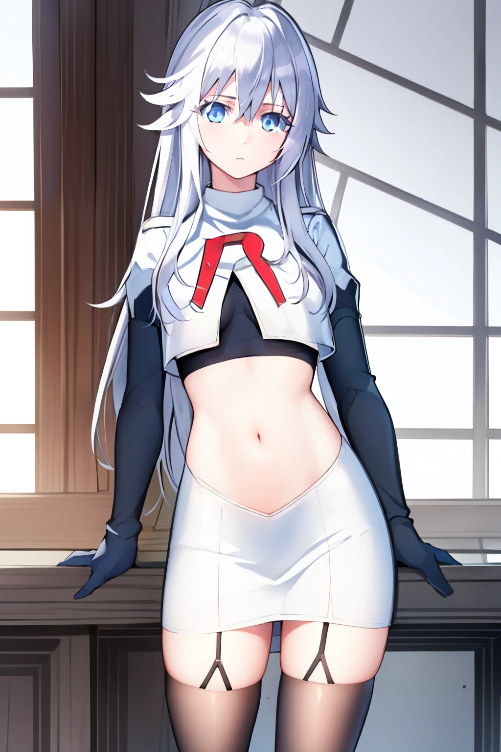 (masterpiece, best quality:1.2), 
1girl,Vladilena,lenaface, blue eyes, breasts, looking at viewer, white hair,medium breasts, antenna hair, hair between eyes,  looking at viewer, ahoge, expressionless, bangs, white hair,
team rocket,team rocket uniform, red letter R, white skirt,white crop top,black thigh-highs,black elbow gloves
