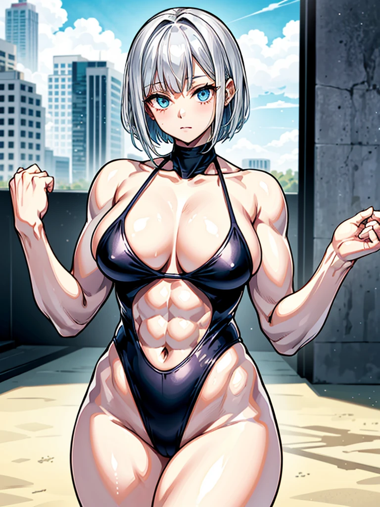(((masterpiece、Highest image quality、highest quality、highly detailed unity 8kwallpaper)))、((Illustration of one girl))、(((beautiful girl)))、((white hair、short hair、crew cut:1.4、light blue eyes))、(((stocky build, thickset physique, muscular legs, broad shoulders, solid chest:1.6)))、swimsuit、sandy beach