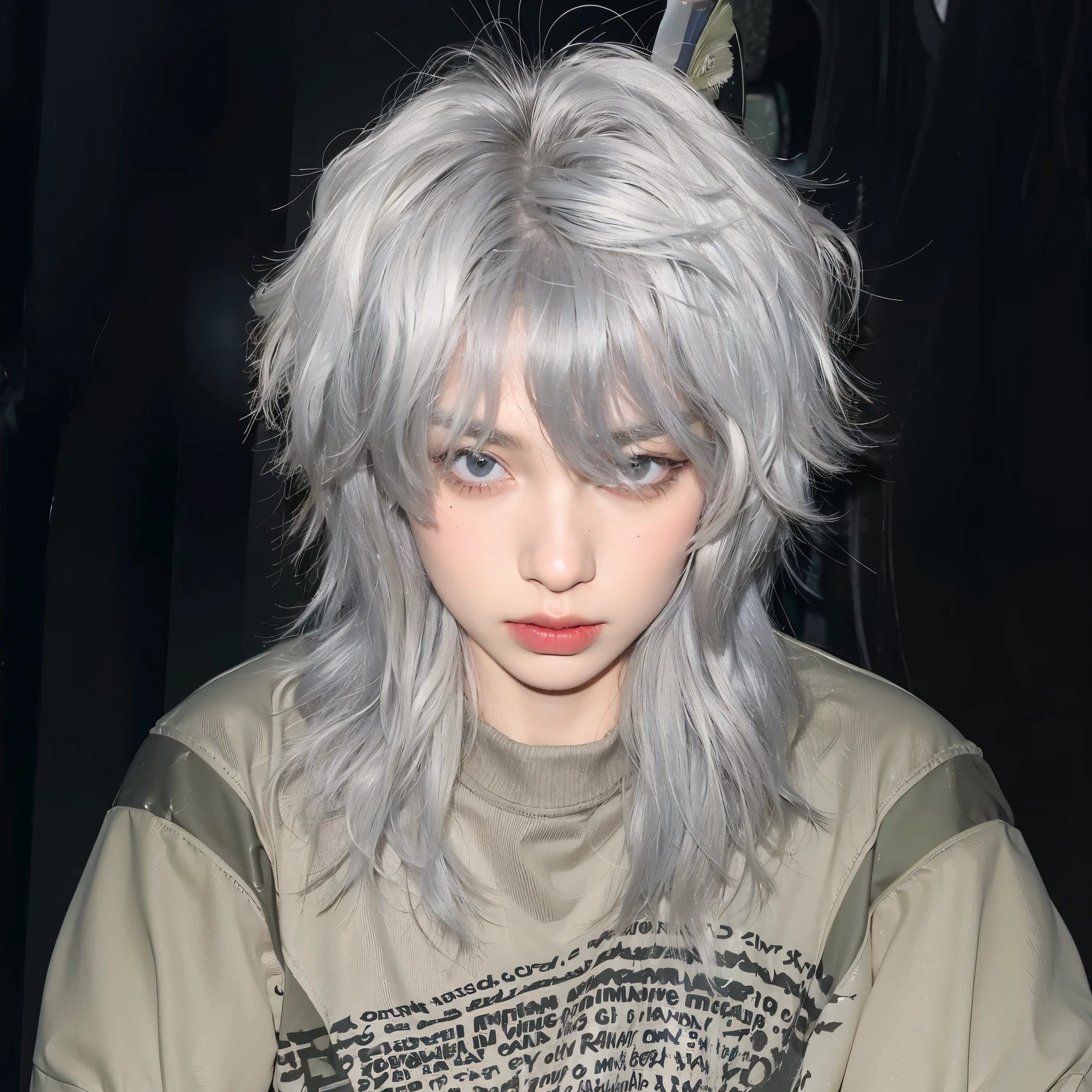 French and German man,Gray hair,wearing gray shirt, messy wavy white hair,silver hair,Grandma's gray hair color, long hair, Pale hair, Detailed punk hair, shaggy silver hair, gray skin. , silver fluffy hair, white bangs, White curly hair, gray hair, whitebangs, Hair details are foggy, silver hair