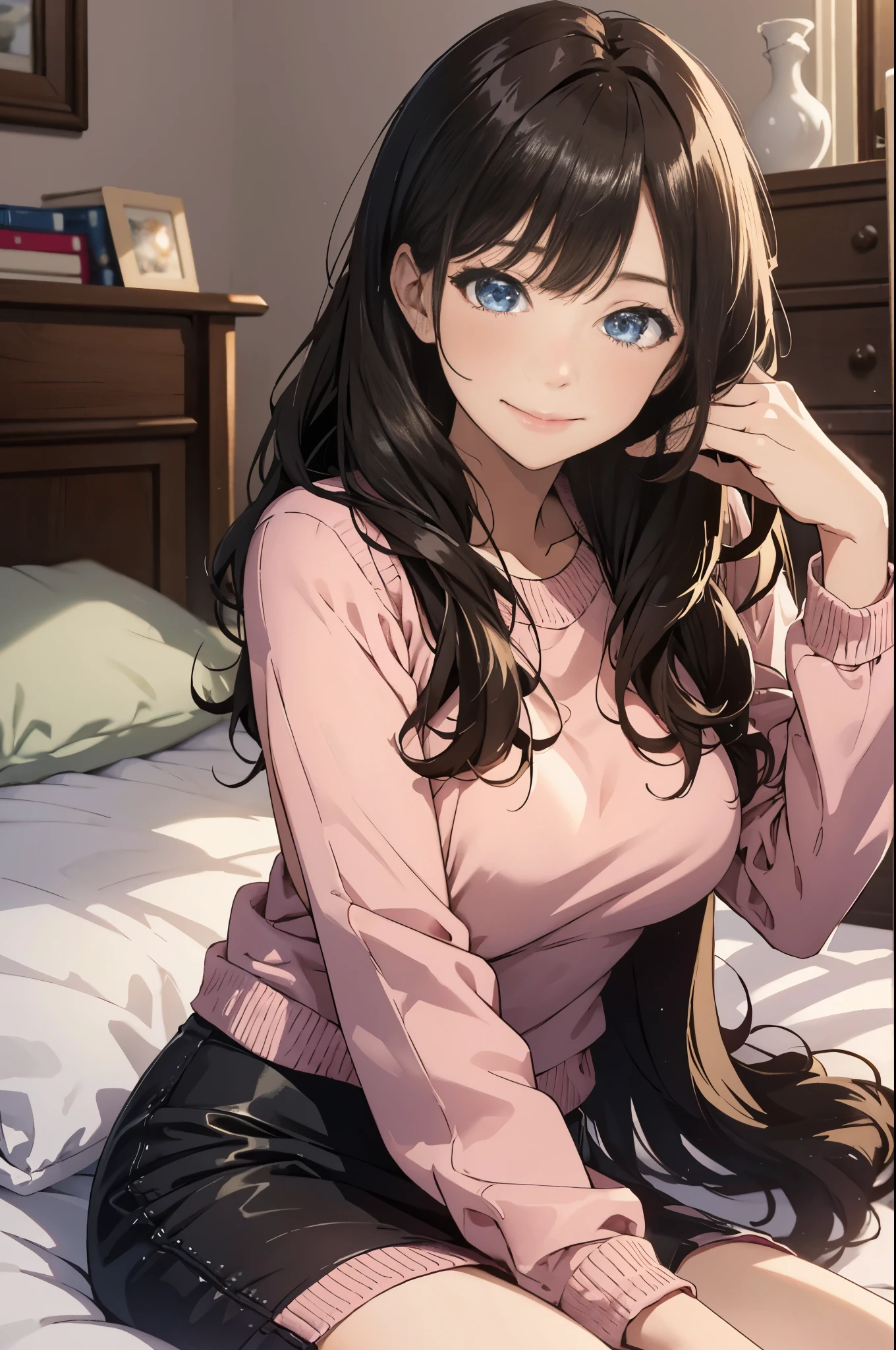 ((Best quality, high resolution, clear image)), (exquisite illustration), 8k, 1girl, solo, extremely cute and beautiful, cowboy shots, top quality, full limbs, complete fingers, slim 30-year-old beauty, long brown Hair, blue eyes, long eyelashes and soft pale skin, home clothes, gentle, 30-year-old mature woman, straight hair, brown hair, (pink long-sleeved knitted top), beautiful big breasts, home clothes, girl's own room, bed, ((lying on side)), ((blushing)), (embarrassed face, nervous face)), pink home clothes, black knee-length pencil skirt, indoors, room, blushing, ((chestnut hair, wavy long hair, blunt bangs)), (blue eyes: 1.1), light smile, smile, happy, seductive smile, slim, abs, breathing, perfect ???????, perfect proportions, seductive model pose, extremely slanted Leaning forward against viewer with hands behind hips, detailed background,