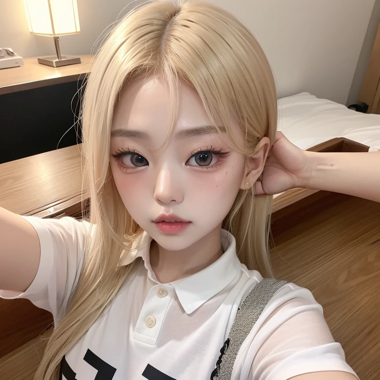 1 girl who looks famous Japanese Korean blonde hair uzzlang female model fashion trend model experience 7 ********* very expensive shirt taking a selfie lying on her back 