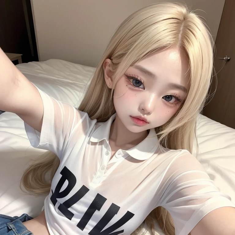 1 girl who looks famous Japanese Korean blonde hair uzzlang female model fashion trend model experience 7 years old very expensive shirt taking a selfie lying on her back 