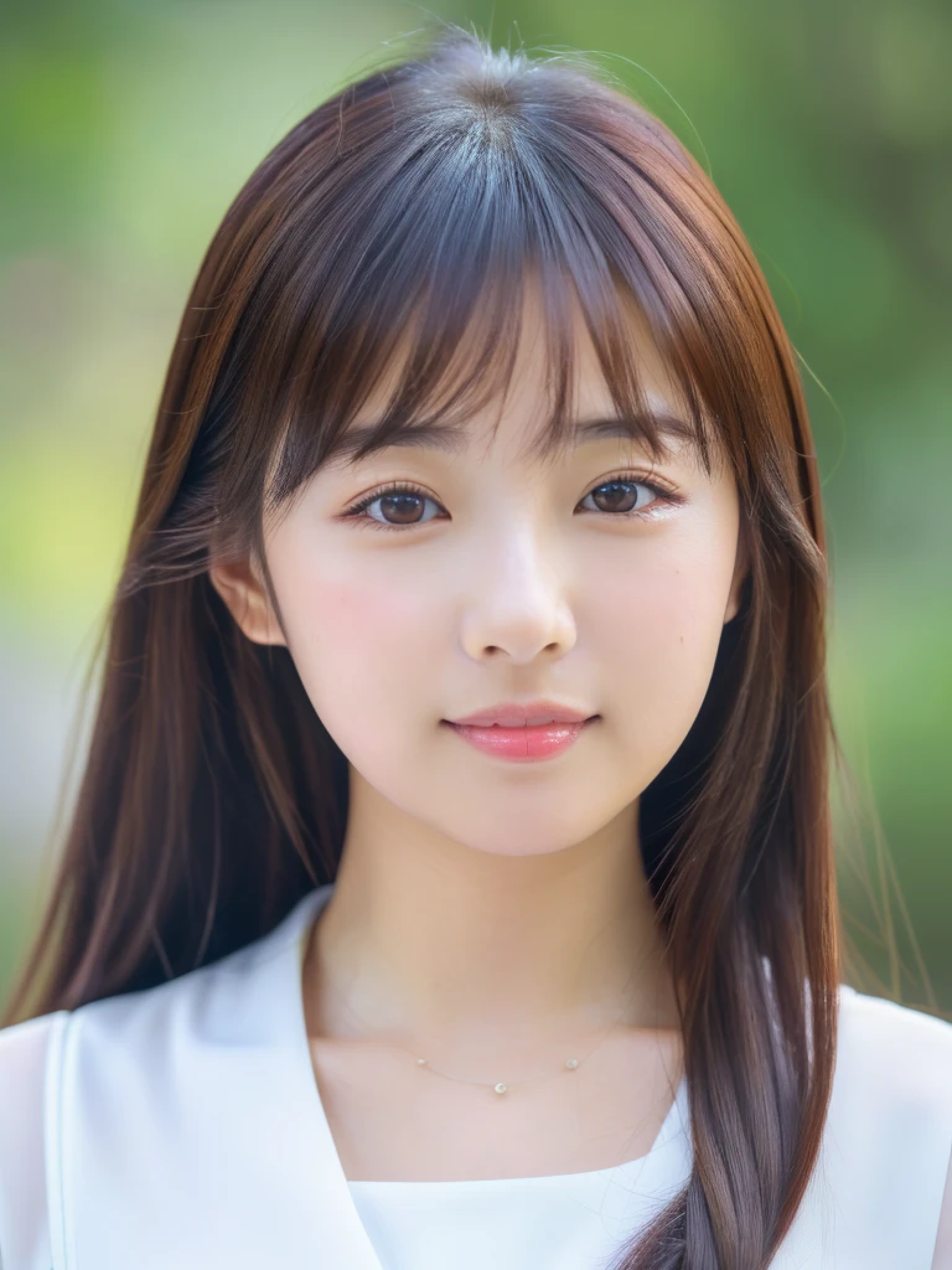 ((cute日本の女の子、beautiful japanese girl、1 girl、clear、19 years old、ponytail、Highly detailed face and skin texture、refinement、super detailed face、highly detailed eyes、Lee Hong、blush、cheek、ピンクのcheekを塗ったcheek、close-up of woman、 from the neck up、 Close to the camera、 positive face、Forward-facing body、look at the camera、front、cute、smooth white skin、Transparent skin texture、))、(dark brown hair、bangs)、beautiful woman with perfect style：1.4、japanese model、young gravure idol、若いcuteグラビアアイドル、Realistic young gravure idol、refinementされたグラビアアイドル、((highest quality、8K、masterpiece:1.3、１photograph))、(4K、RAWphotograph、highest quality)、(realistic、フォトrealistic:1.37)、Place someone on the other side of the screen、Natural light、