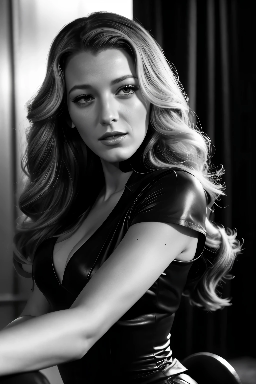 Blake lively, film noir femme fatale, dangerous woman, black and white, 1940s, detective show, silver screen