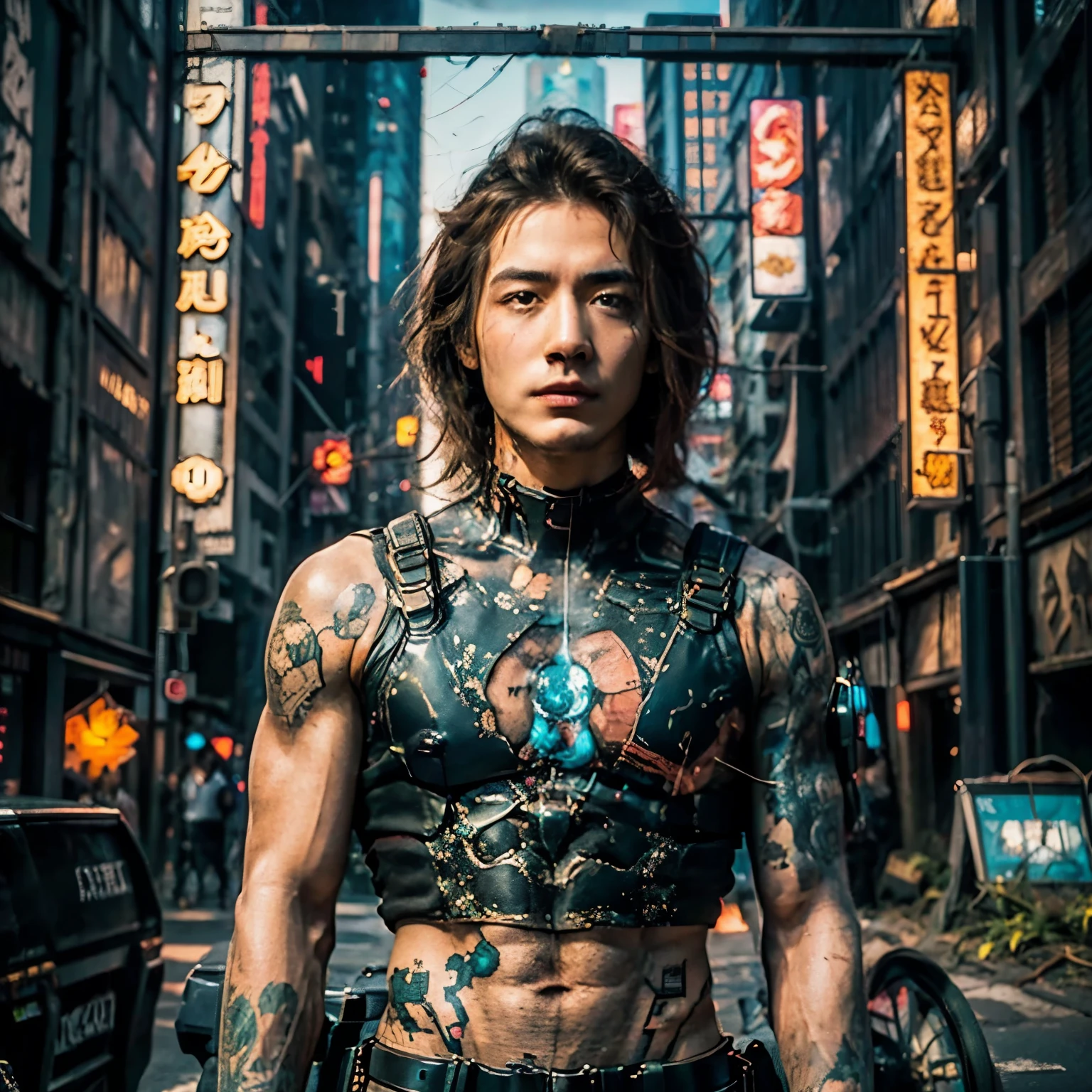 nsfw, best quality, masterpiece, highly detailed, cyberpunk art style, extremely attractive korean man, nude, muscular build, short middle parting hair, bound and suspended by mechanical tentacles, multicolored neon ambient lighting, dramatic shadows, perfect face, perfect hand, perfection