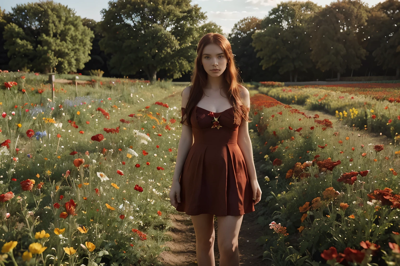 nude teen, there  a woman in a red dress standing in a field of flowers, a picture inspired by Vanessa Beecroft, tumblr, renaissance, redhead girl, girl frontal in a flower field, better known as amouranth, amouranth, cute young redhead girl, standing in a flower field, red dress, in red gardens, anna nikonova aka newmilky