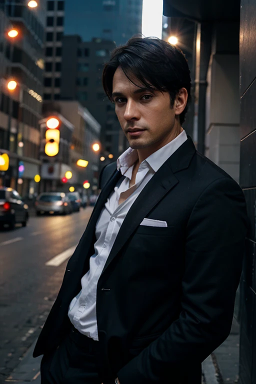 35 year old man, blue eyes, short black hair, elegant man with a suit in a large metropolis, sexy, open shirt, profound and mysterious look