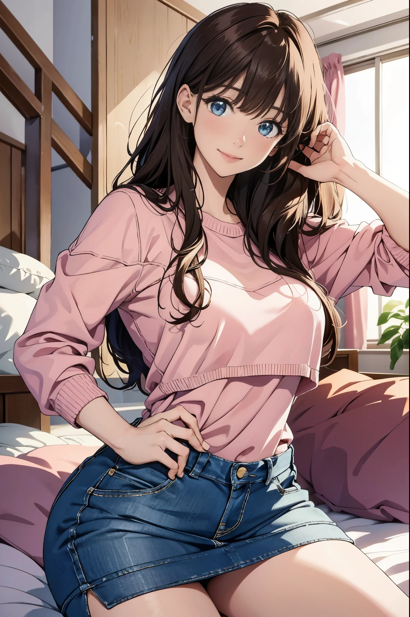 ((Best quality, high resolution, clear image)), (exquisite illustration), 8k, 1girl, solo, extremely cute and beautiful, cowboy shots, top quality, full limbs, complete fingers, slim 30-year-old beauty, long brown Hair, blue eyes, long eyelashes and soft pale skin, home clothes, gentle, 30-year-old mature woman, straight hair, brown hair, (pink long-sleeved knitted top), beautiful big breasts, home clothes, girl's own room, bed, ((lying on side)) room, blush, ((chestnut hair, long wavy hair, blunt bangs)), (blue eyes: 1.1), slight smile, smile, happy, seductive smile, slim, breathing , perfect anatomy, perfect proportions, seductive model pose, leaning extremely forward against the viewer, hands behind hips, detailed background,