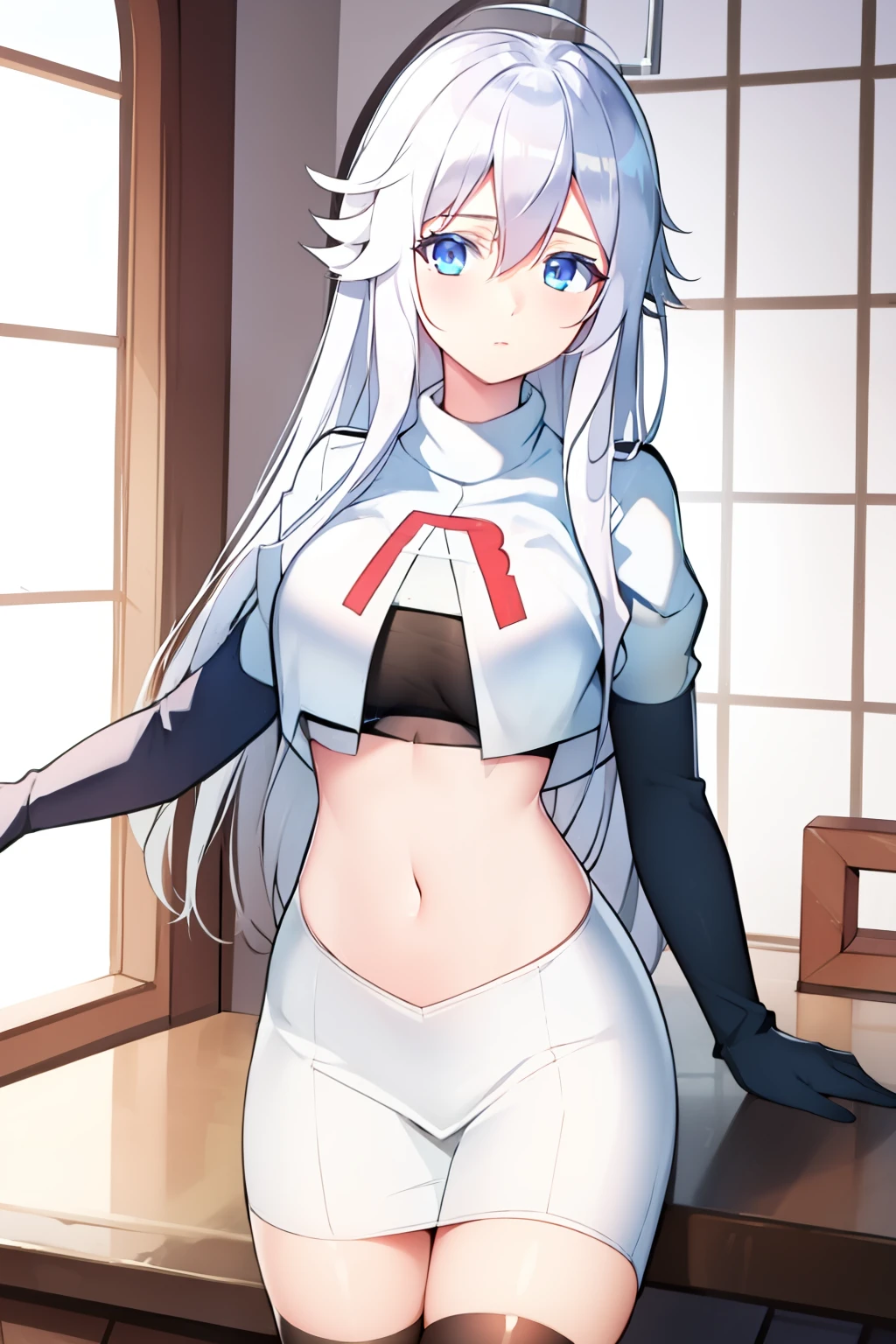 (masterpiece, best quality:1.2), 
1girl,Vladilena,lenaface, blue eyes, breasts, looking at viewer, white hair,medium breasts, antenna hair, hair between eyes,  looking at viewer, ahoge, expressionless, bangs, white hair,
team rocket,team rocket uniform, red letter R, white skirt,white crop top,black thigh-highs,black elbow gloves
