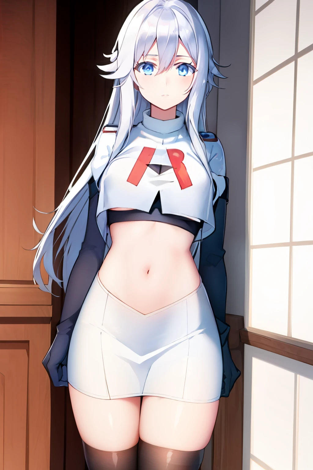 (masterpiece, best quality:1.2), 
1girl,Vladilena,lenaface, blue eyes, breasts, looking at viewer, white hair,medium breasts, antenna hair, hair between eyes,  looking at viewer, ahoge, expressionless, bangs, white hair,
team rocket,team rocket uniform, red letter R, white skirt,white crop top,black thigh-highs,black elbow gloves
