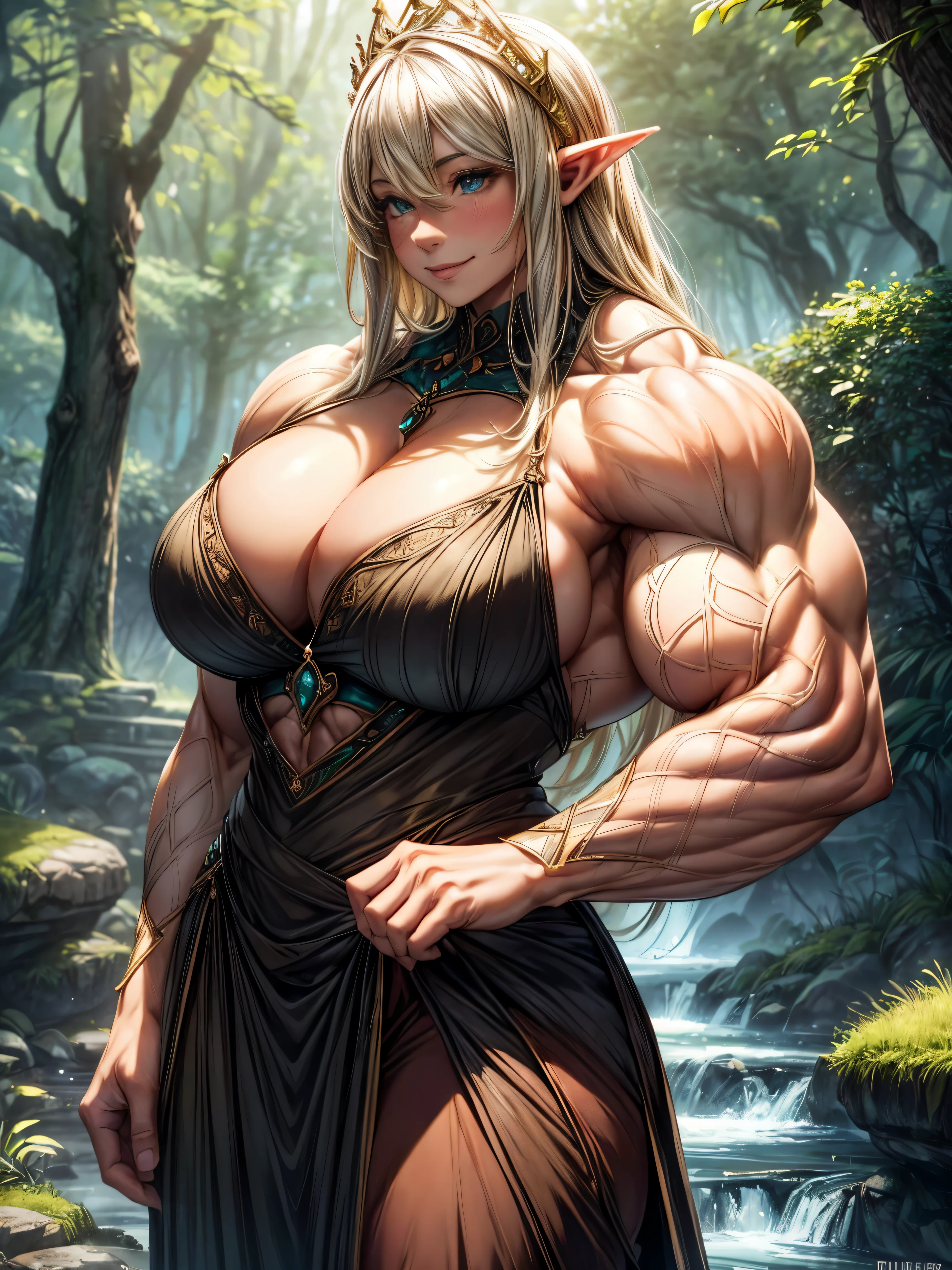 A queen elf in the middle of forest,illustration,oak tree,sparkling river,enchanted atmosphere,magical creatures,dappled sunlight,ethereal beauty,peaceful tranquility,elven crown,flowing gown,graceful posture,ancient ruins,mysterious fog,whispering breeze,(best quality,4k,8k,highres,masterpiece:1.2),ultra-detailed,(realistic,photorealistic,photo-realistic:1.37),fantasy,earth tones,warm glow. ((smile)),((lauiuscle:1.5)),(dry_muscle)),((huge_muscle:1.5)), female:1.5,Dark from front, upper_body, laugh, flex muscle,