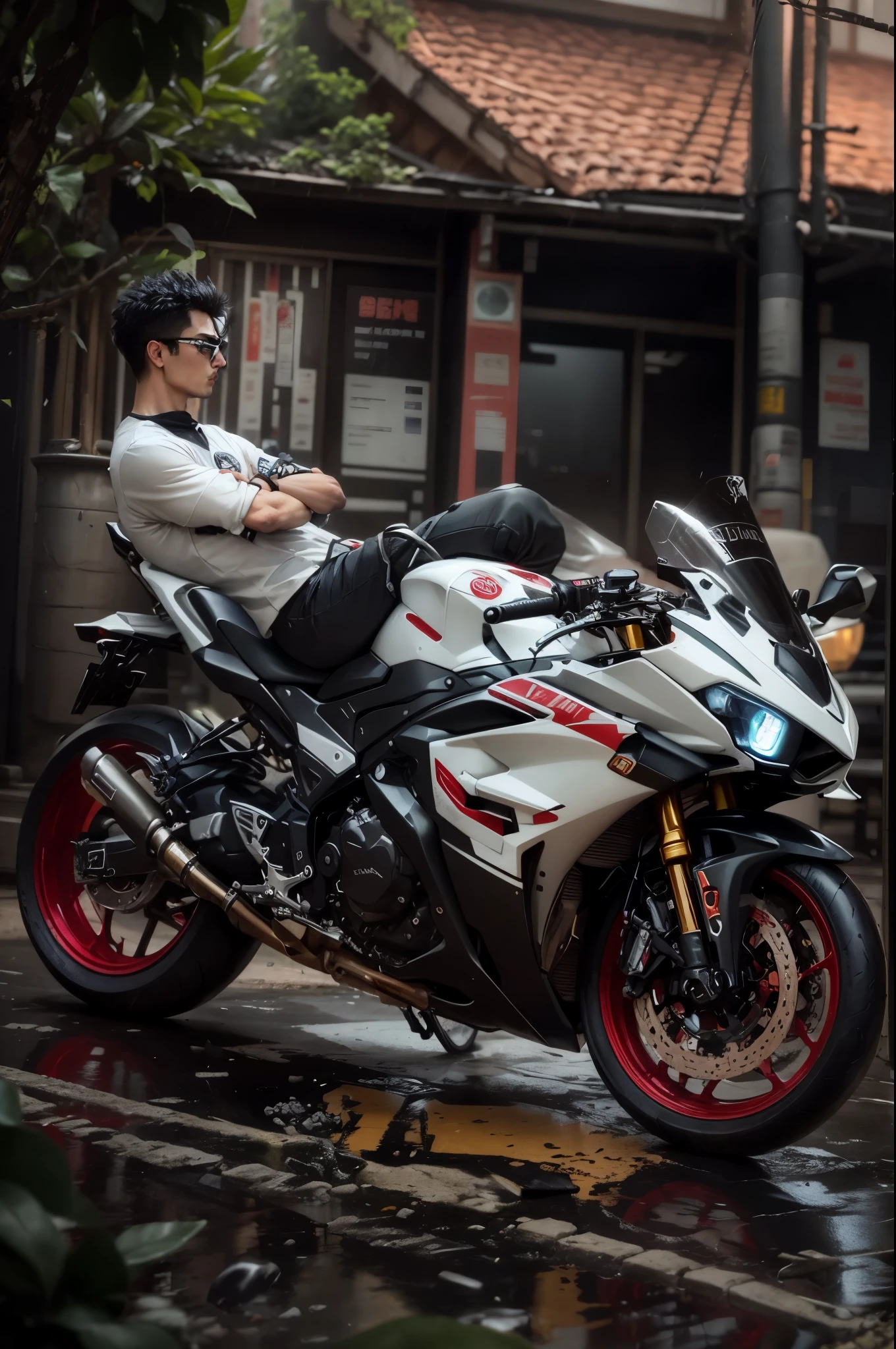 arafed korea man sitting on a motorcycle in the rain, avatar image, r6, yoshimura exhaust, motorcycle, profile photo, in style of davey adesida, sitting on a motorcycle, motorbiker, semi realism, translucent sss, sitting on cyberpunk motorbike, gamin, f 3 2, f32, wheelie, profile picture, full protrait