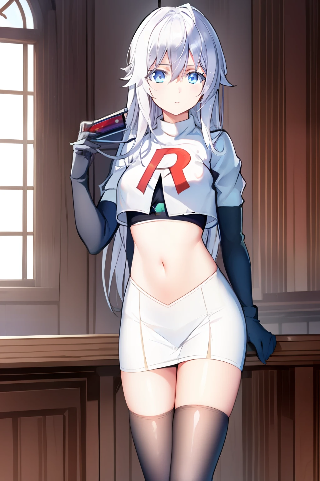 (masterpiece, best quality:1.2), 
1girl,Vladilena,lenaface, blue eyes, breasts, looking at viewer, white hair,medium breasts, antenna hair, hair between eyes,  looking at viewer, ahoge, expressionless, bangs, white hair,
team rocket,team rocket uniform, red letter R, white skirt,white crop top,black thigh-highs,black elbow gloves
