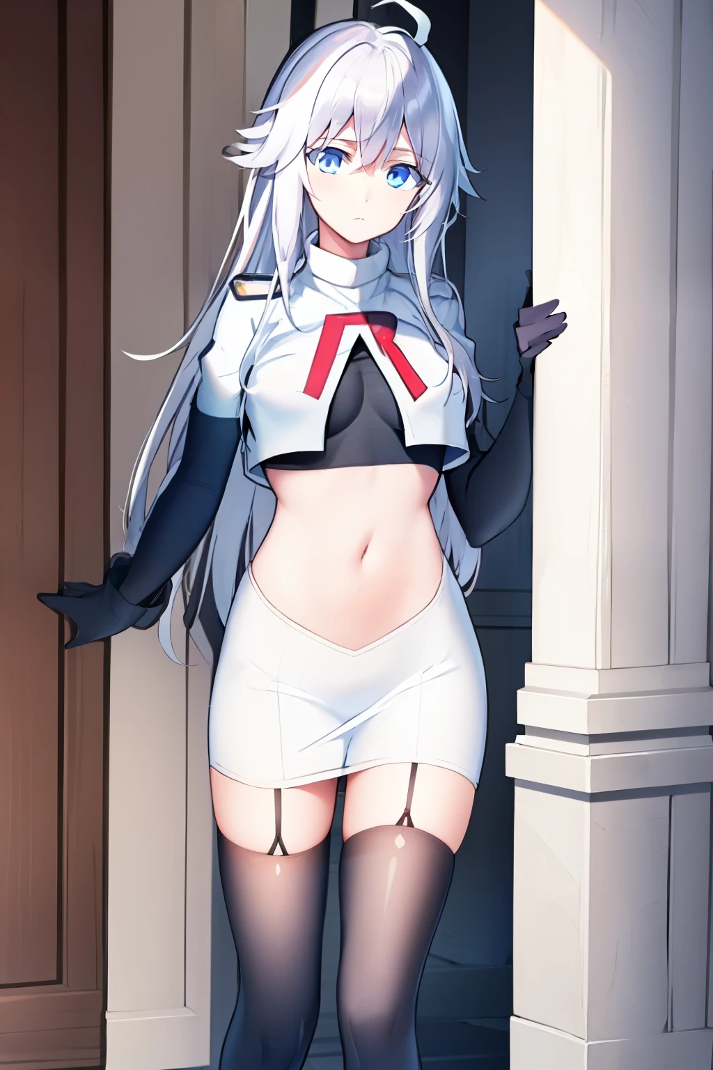 (masterpiece, best quality:1.2), 
1girl,Vladilena,lenaface, blue eyes, breasts, looking at viewer, white hair,medium breasts, antenna hair, hair between eyes,  looking at viewer, ahoge, expressionless, bangs, white hair,
team rocket,team rocket uniform, red letter R, white skirt,white crop top,black thigh-highs,black elbow gloves
