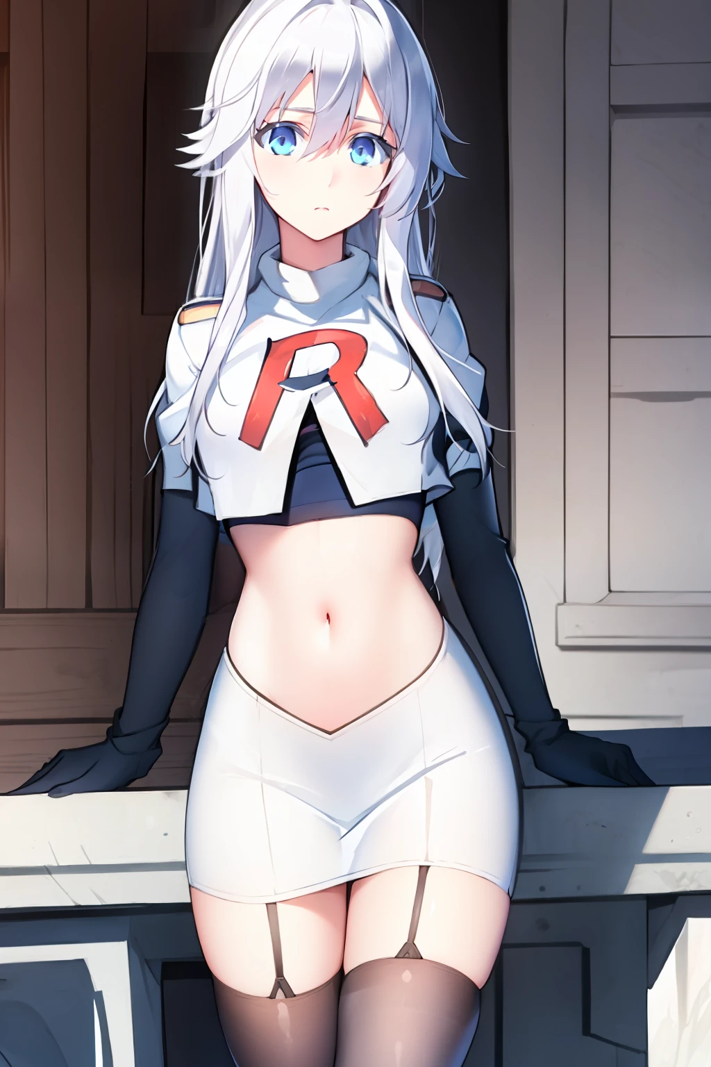 (masterpiece, best quality:1.2), 
1girl,Vladilena,lenaface, blue eyes, breasts, looking at viewer, white hair,medium breasts, antenna hair, hair between eyes,  looking at viewer, ahoge, expressionless, bangs, white hair,
team rocket,team rocket uniform, red letter R, white skirt,white crop top,black thigh-highs,black elbow gloves
