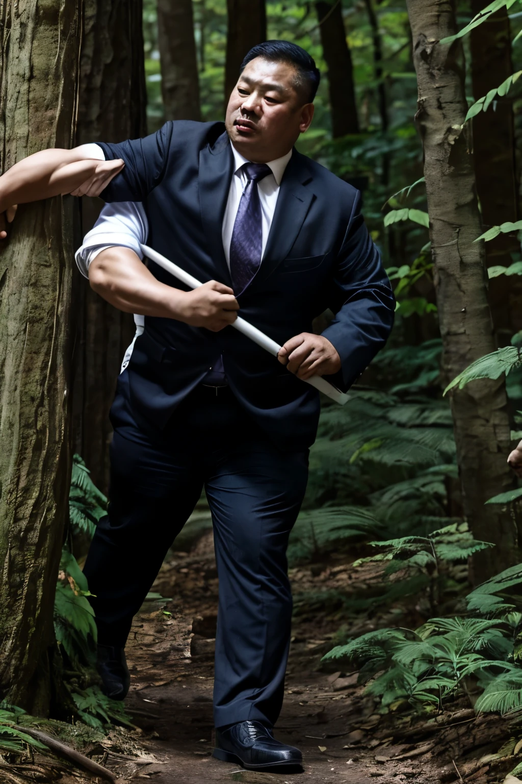 Two in black ties, Fat Chinese mature middle-aged man with security guard,fight in the forest