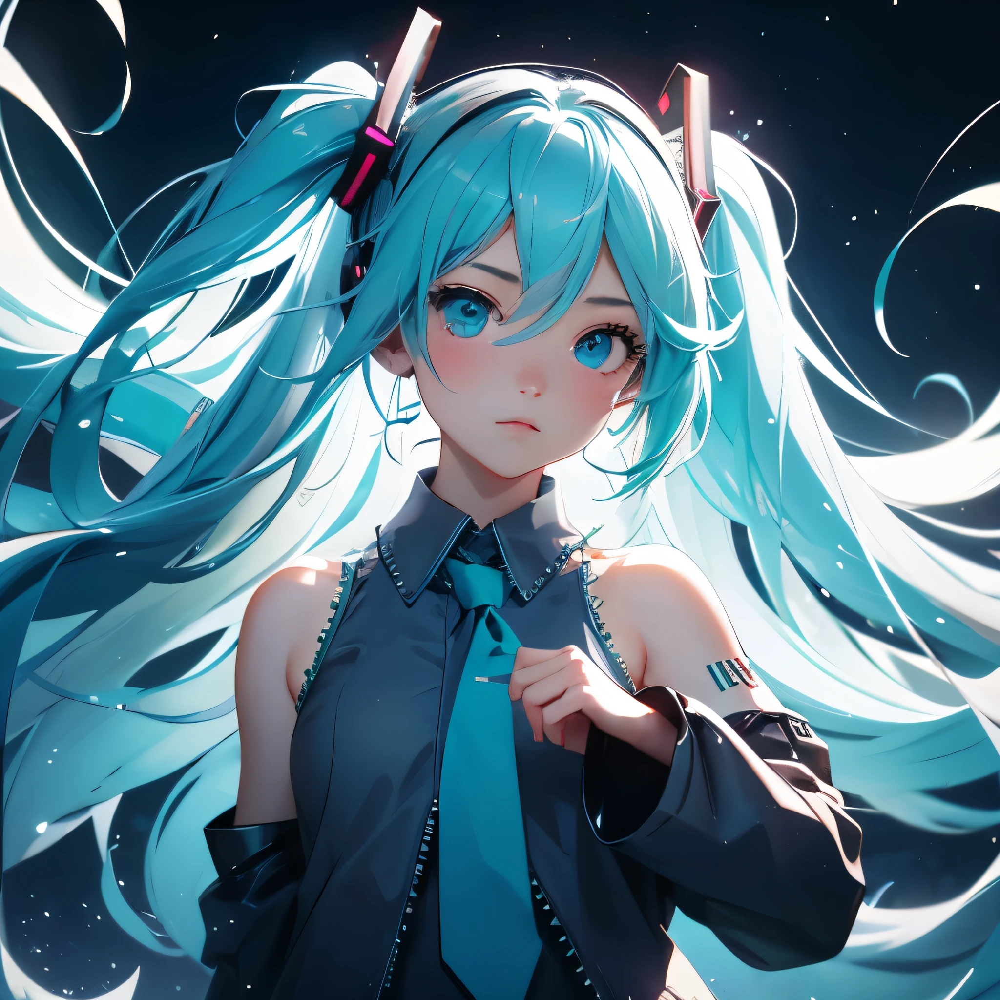highest quality, expressive eyes, perfect face, 1 girl, alone,hatsune miku、floating in the night city、my hair looks like lightning