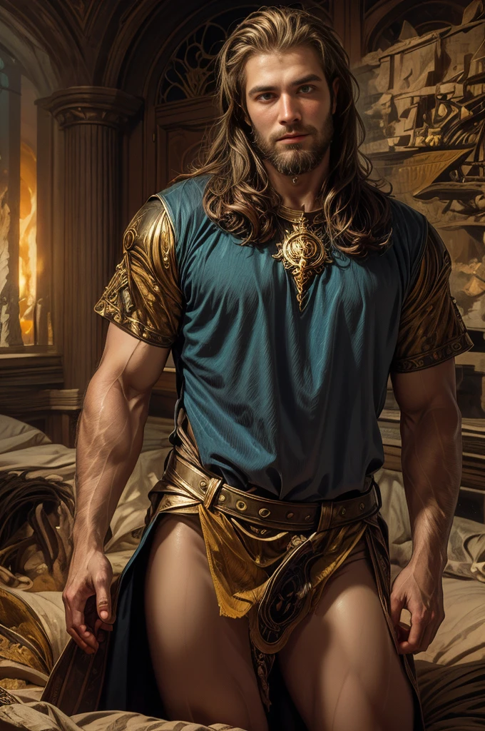 um retrato de(( um homem )) com barba, ((pernas musculosas)), ((peitoral forte e largo))in high definition, em 8K de ((um homem)) de 18 anos, (( Homem)), Deus do Mar, Deus do Oceano, Luthien, arte de deus, Deus da mitologia grega, Deus da Lua, Deus do amor e da paz, deus bonito, Mitologia do Deus da Terra, o deus Eros, Um retrato impressionante de um deus, Frank Kelly Freas, Estilo Karol Bak, ((beautiful face)), Ultra Definition, melhor qualidade, 32k ultra , Ultra HD