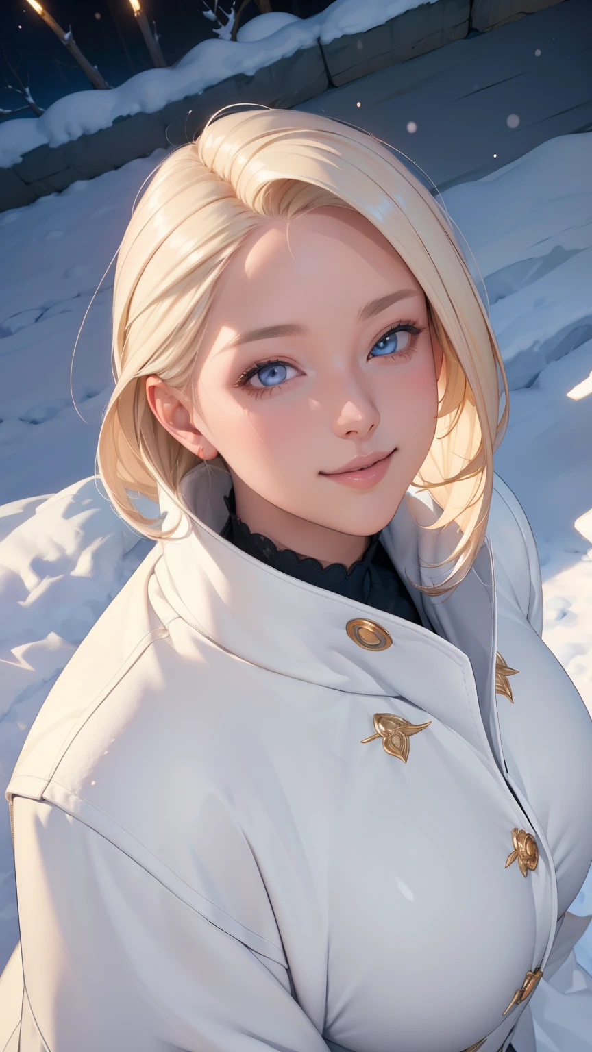 (masterpiece), (best quality), 1girl, (perfect face:1.2), (beautiful face:1.2), platinum blonde hair, (from above, upper body:1.3), happy, light smile, looking at viewer, pose,
winter coat, outdoors, winter, snow, night time, intricate, depth of field, cinematic lighting,