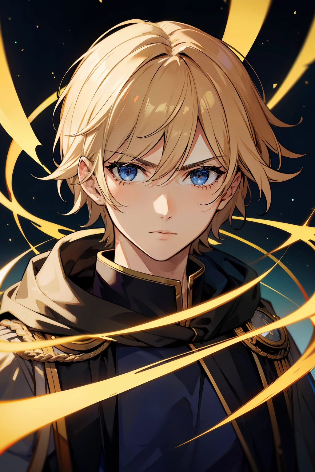 (high-quality, breathtaking),(expressive eyes, perfect face) 1male, male, solo, teenager, short length hair, blonde with brown highlights hair color, unkept hair, dark blue eyes, serious expression, black robe, white shirt, Saturn, Saturn Roman God of Time, time in background, space background, portrait
