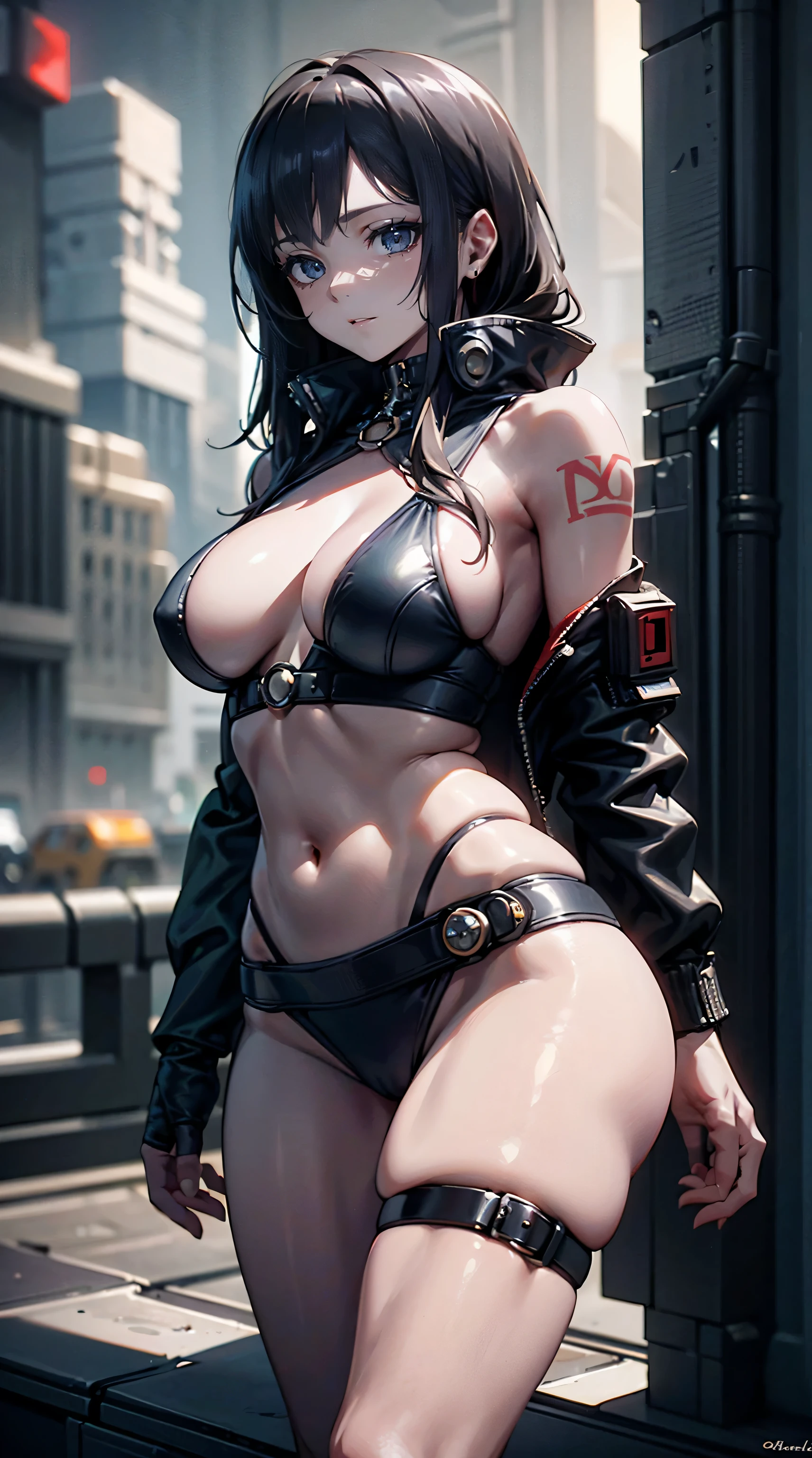 ((Best quality)), ((masterpiece)), (highly detailed:1.3), 3D, beautiful woman with tattoos (cyberpunk:1.3), woman dressed as sexy one-piece grunge, long black hair looking at camera, 