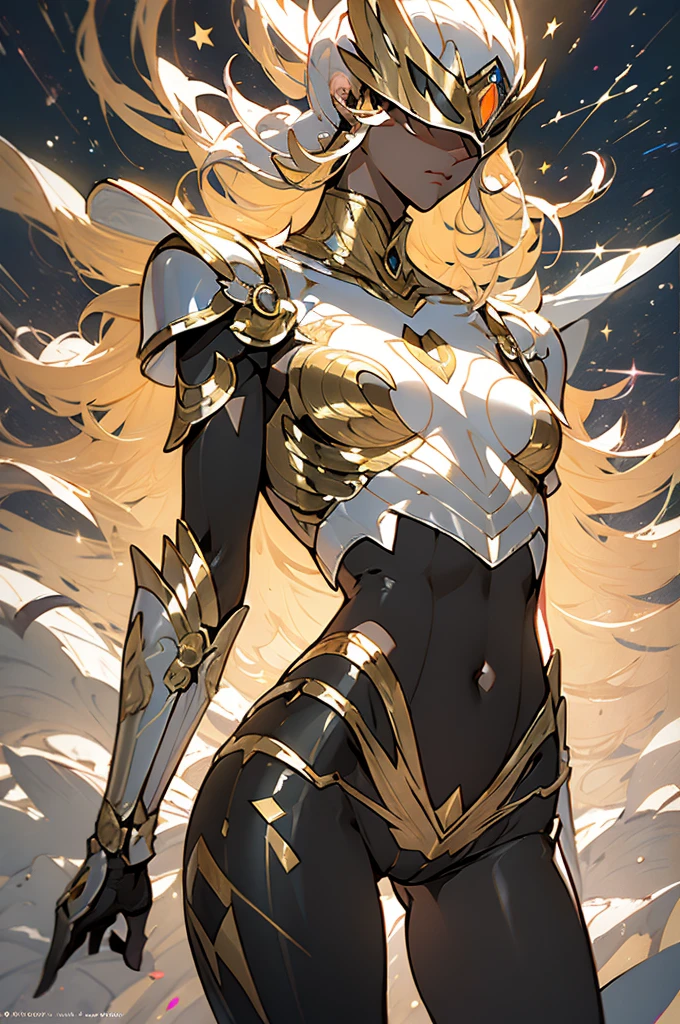 (Masterpiece: 1.5, Best quality, High resolution: 1.3, Super resolution, Super detailed, Ultra detailed: 1.3, Rich background: 1.2, 1 girl)) pale skin + white hair with multi-color highlights + thigh-length hair + eyes golden + slanted eyes + no hair on forehead + long eyelashes + full lips + soft thighs + medium chest + long legs + curvy body + toned body (intricate dress with turtleneck, fluffy white scarf hanging from her arms, leggings, intricate jewelry, glitter, high boots) ((smile, feathers floating around her, looking at the viewer holding a golden rapier, multicolored fire figures in the background) (colors to use: white, pink, gold, lime green, light blue)