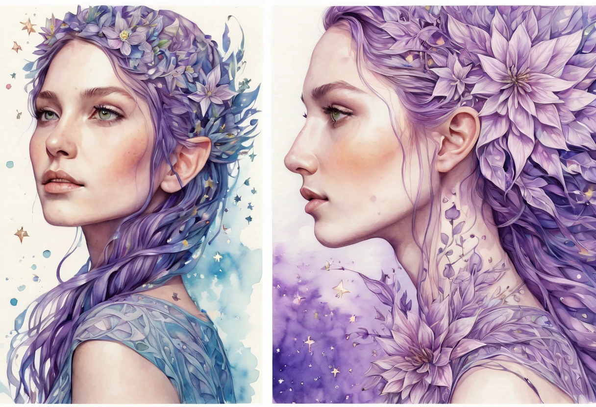 Marija. Watercolor Flowers , portraits, fantasy art, detailed features, vibrant colors, detailed  features, long flowers, subtle magical lighting, three side view, 1 side potrait,2 side close, 3 side in the batlle, photo collage, soft purple, film grain, detailed pores and wrinkles on the skin film grain, detailed pores and wrinkles on the skin, detailed elf village in backfround, full of stars sky, zentangle 