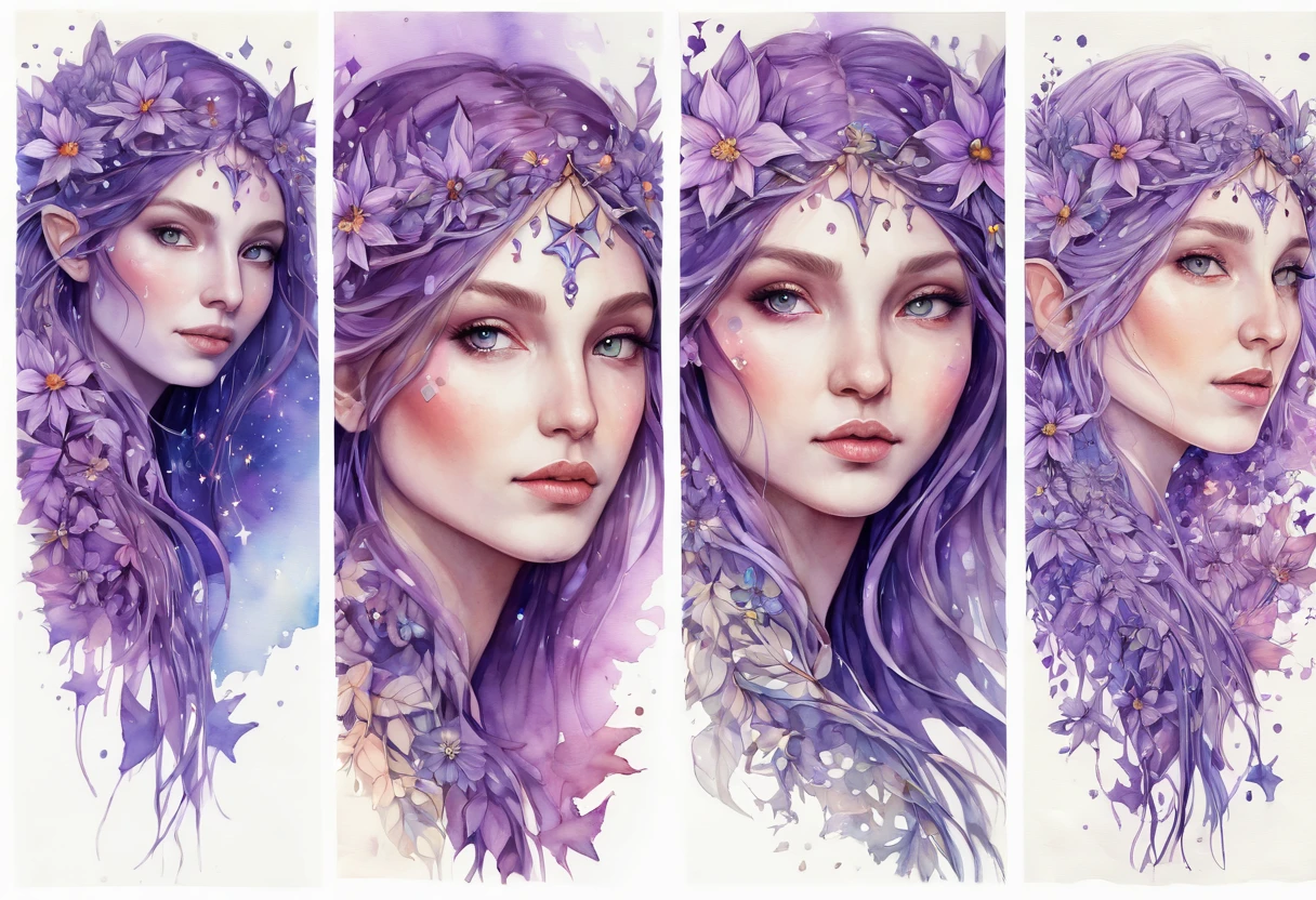 Marija. Watercolor Flowers , portraits, fantasy art, detailed features, vibrant colors, detailed features, long flowers, subtle magical lighting, three side view, 1 side potrait,2 side close, 3 side in the batlle, photo collage, soft purple, film grain, detailed pores and wrinkles on the skin film grain, detailed pores and wrinkles on the skin, detailed elf village in backfround, full of stars sky, zentangle