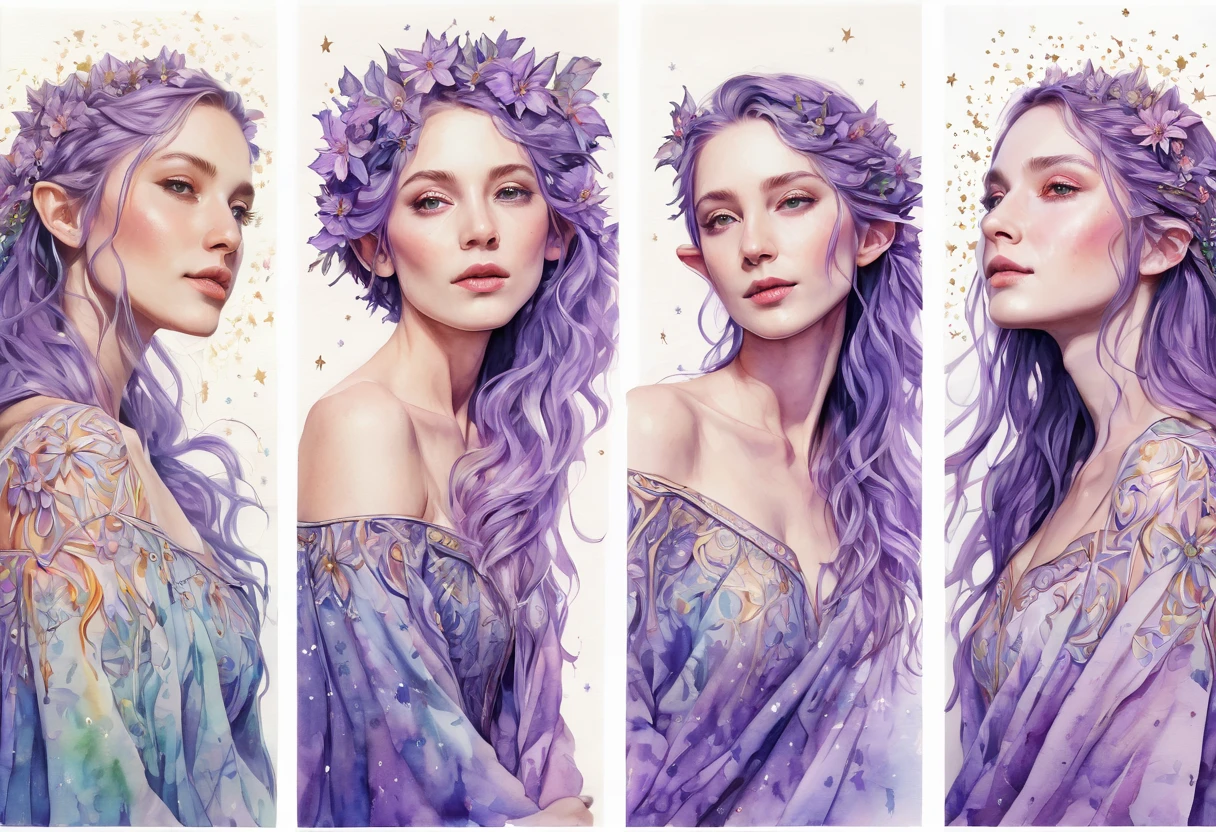 Marija. Watercolor Flowers , portraits, fantasy art, detailed features, vibrant colors, detailed  features, long flowers, subtle magical lighting, three side view, 1 side potrait,2 side close, 3 side in the batlle, photo collage, soft purple, film grain, detailed pores and wrinkles on the skin film grain, detailed pores and wrinkles on the skin, detailed elf village in backfround, full of stars sky, zentangle 