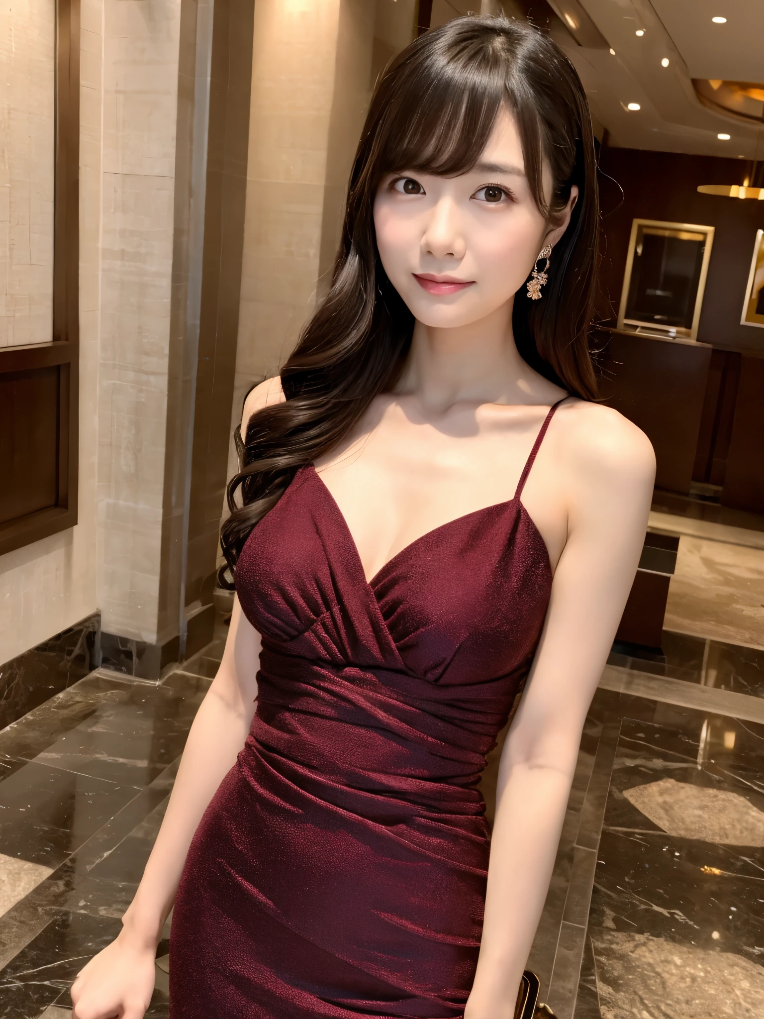 a skinny Japanese lady, 30 years old, (realistic), (hyperrealism), (photorealistic), (8K resolusion), depth of field, super detailed face, detailed eyes, cute face, various face expression, various hair style, (small breasts:0.6), ((very thin waist)), tight dress, in the hotel lobby, upper-body photo