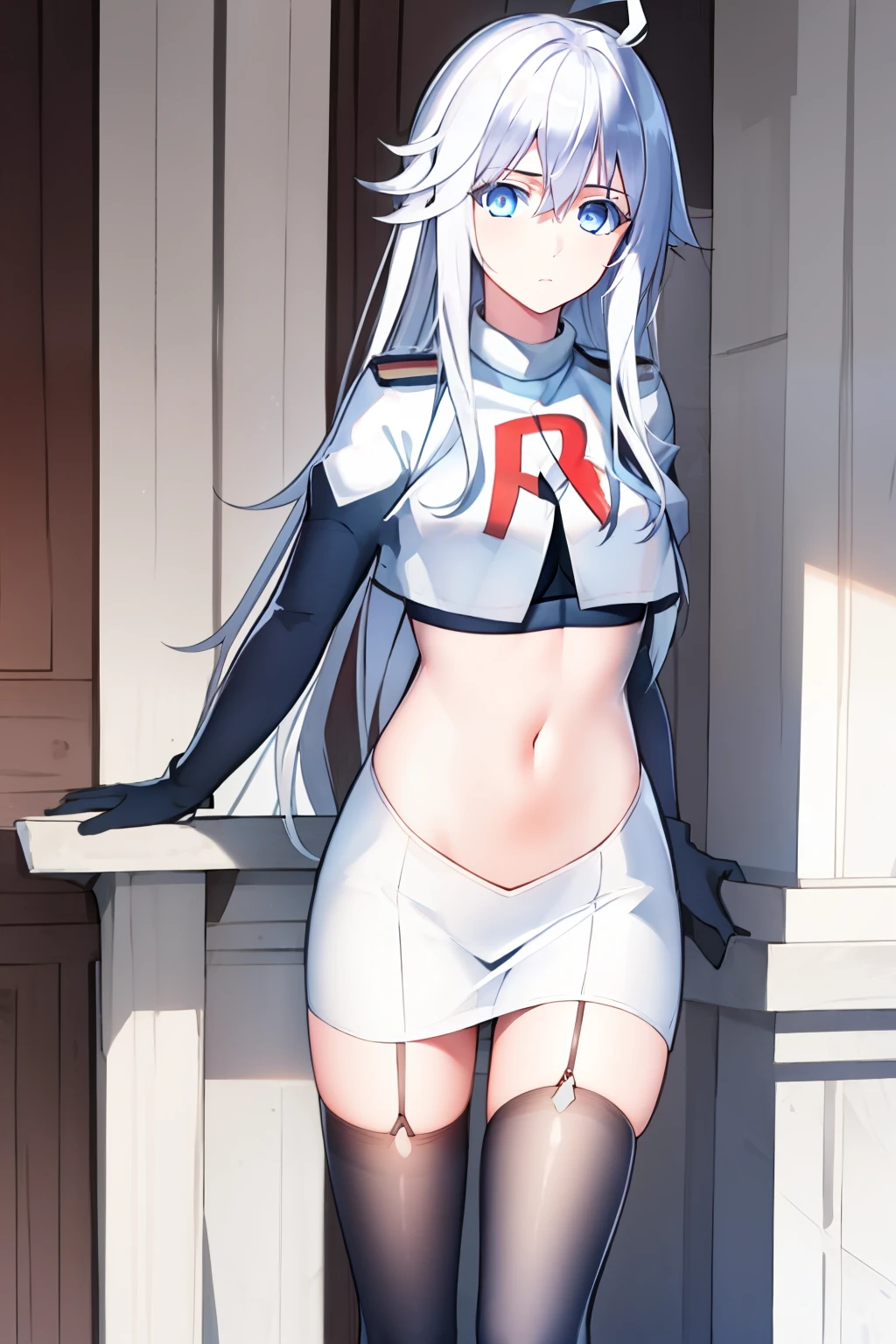 (masterpiece, best quality:1.2), 
1girl,Vladilena,lenaface, blue eyes, breasts, looking at viewer, white hair,medium breasts, antenna hair, hair between eyes,  looking at viewer, ahoge, expressionless, bangs, white hair,
team rocket,team rocket uniform, red letter R, white skirt,white crop top,black thigh-highs,black elbow gloves
