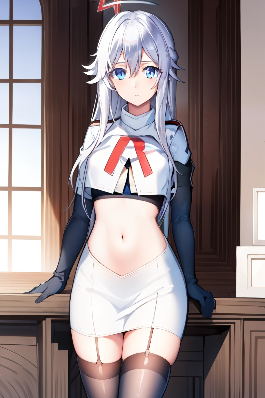 (masterpiece, best quality:1.2), 
1girl,Vladilena,lenaface, blue eyes, breasts, looking at viewer, white hair,medium breasts, antenna hair, hair between eyes,  looking at viewer, ahoge, expressionless, bangs, white hair,
team rocket,team rocket uniform, red letter R, white skirt,white crop top,black thigh-highs,black elbow gloves
