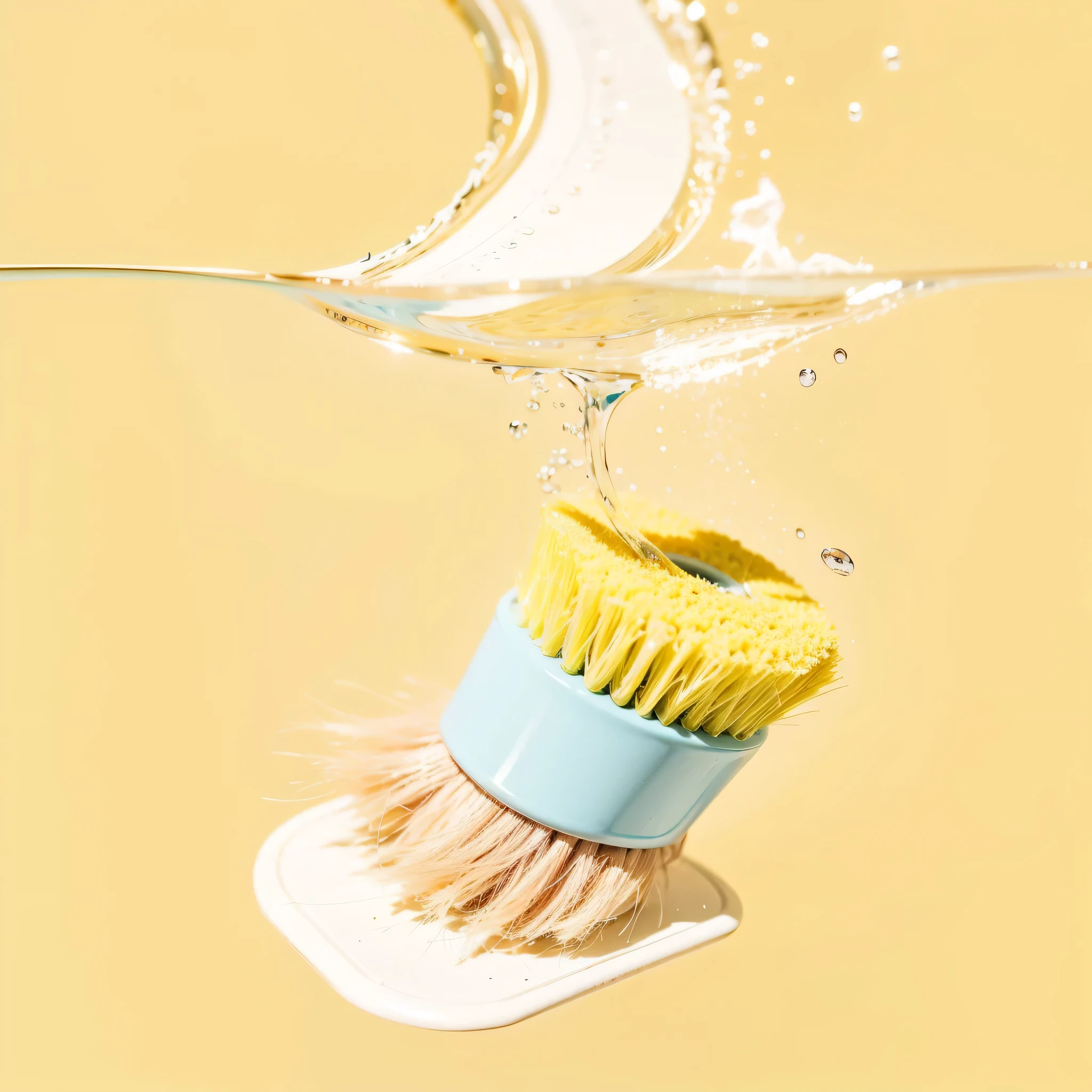 A dishwashing brush falls into the water, washing dishwashing brush, kitchen, photorealistic, realistic, sunlight, warm, high definition, 8K, HD aesthetics, delicate, 4k