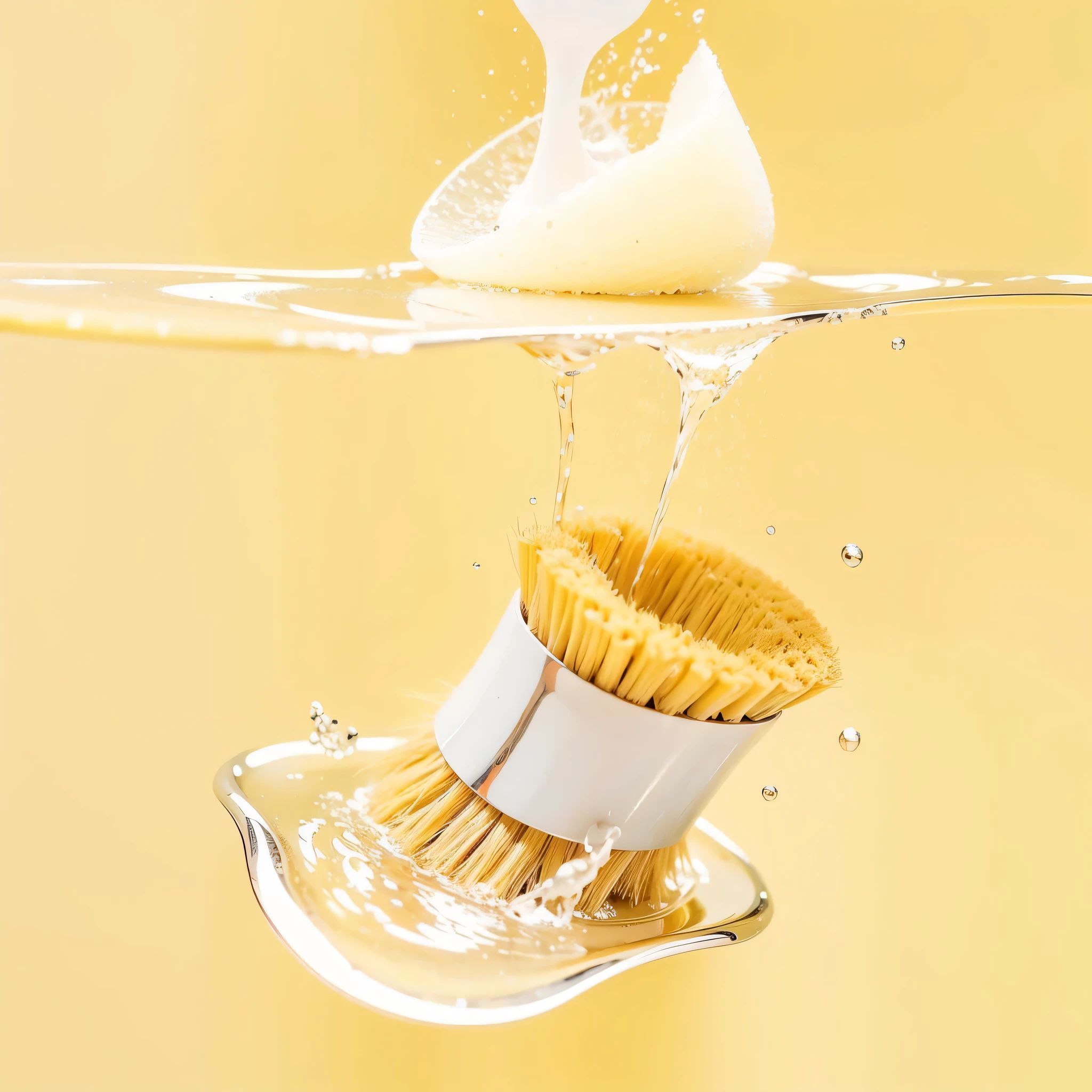 A dishwashing brush falls into the water, washing dishwashing brush, kitchen, photorealistic, realistic, sunlight, warm, high definition, 8K, HD aesthetics, delicate, 4k