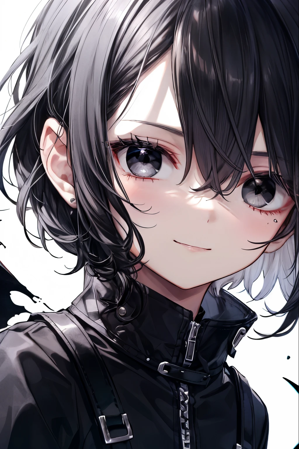 highest quality、best quality、8K、ultra high resolution、highest quality、super detailed、perfect face、very detailed、very delicate、1 boy, ((solo))、(scared), Gorgios、 dark,soft hair、shoulder-length hair、medium hair((Black hair on the left and white hair on the right))、((Black eyes)),Black long-sleeved shirt,Black shorts、belt、 full of confidence, smile, close your mouth、expressive eyes, collofull eyes, contrast, shadowy,digital art, shining eyes, Intimidating, damaged, devilish,detailed face、Detailed eyes、Detailed background、 dark背景, Based on white and black、black liquid