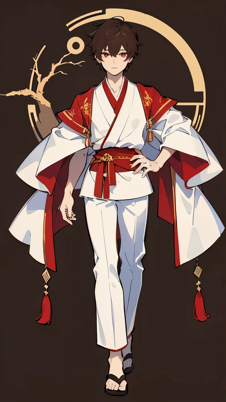 ultra precision,masterpiece, highest quality,(((full body portrait))),one man,(((man))),(((white short hair))),cropped,Give bangs,(deep red eyes),detailed slanted eyes,(((brown skin))),cool look,Hanfu,National costume,muscular,simple background,
