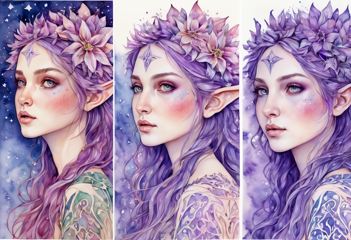 Marija. Watercolor Flowers , portraits, fantasy art, detailed features, vibrant colors, detailed  features, long flowers, subtle magical lighting, three side view, 1 side potrait,2 side close, 3 side in the batlle, photo collage, soft purple, film grain, detailed pores and wrinkles on the skin film grain, detailed pores and wrinkles on the skin, detailed elf village in backfround, full of stars sky, zentangle 