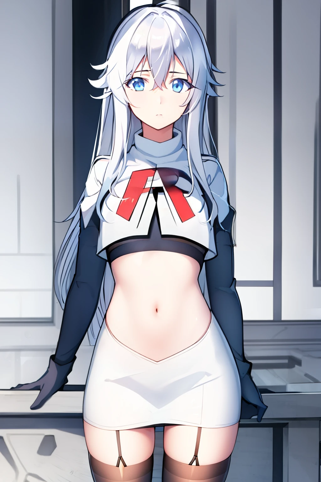 (masterpiece, best quality:1.2),
1girl,Vladilena,lenaface, blue eyes, breasts, looking at viewer, white hair,medium breasts, antenna hair, hair between eyes, looking at viewer, ahoge, expressionless, bangs, white hair,
team rocket,team rocket uniform, red letter R, white skirt,white crop top,black thigh-highs,black elbow gloves